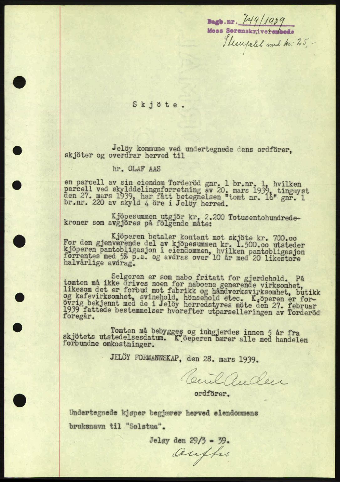 Moss sorenskriveri, SAO/A-10168: Mortgage book no. A5, 1938-1939, Diary no: : 749/1939