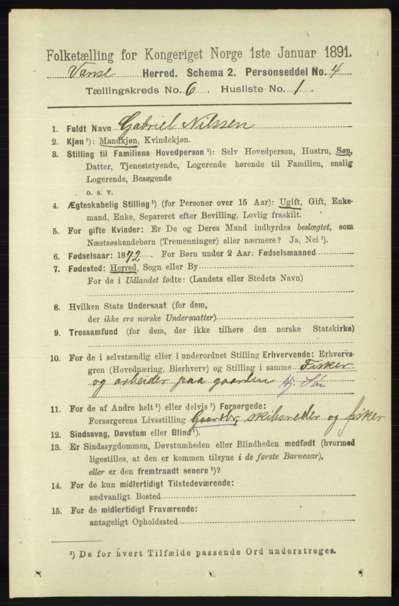 RA, 1891 census for 1041 Vanse, 1891, p. 3498