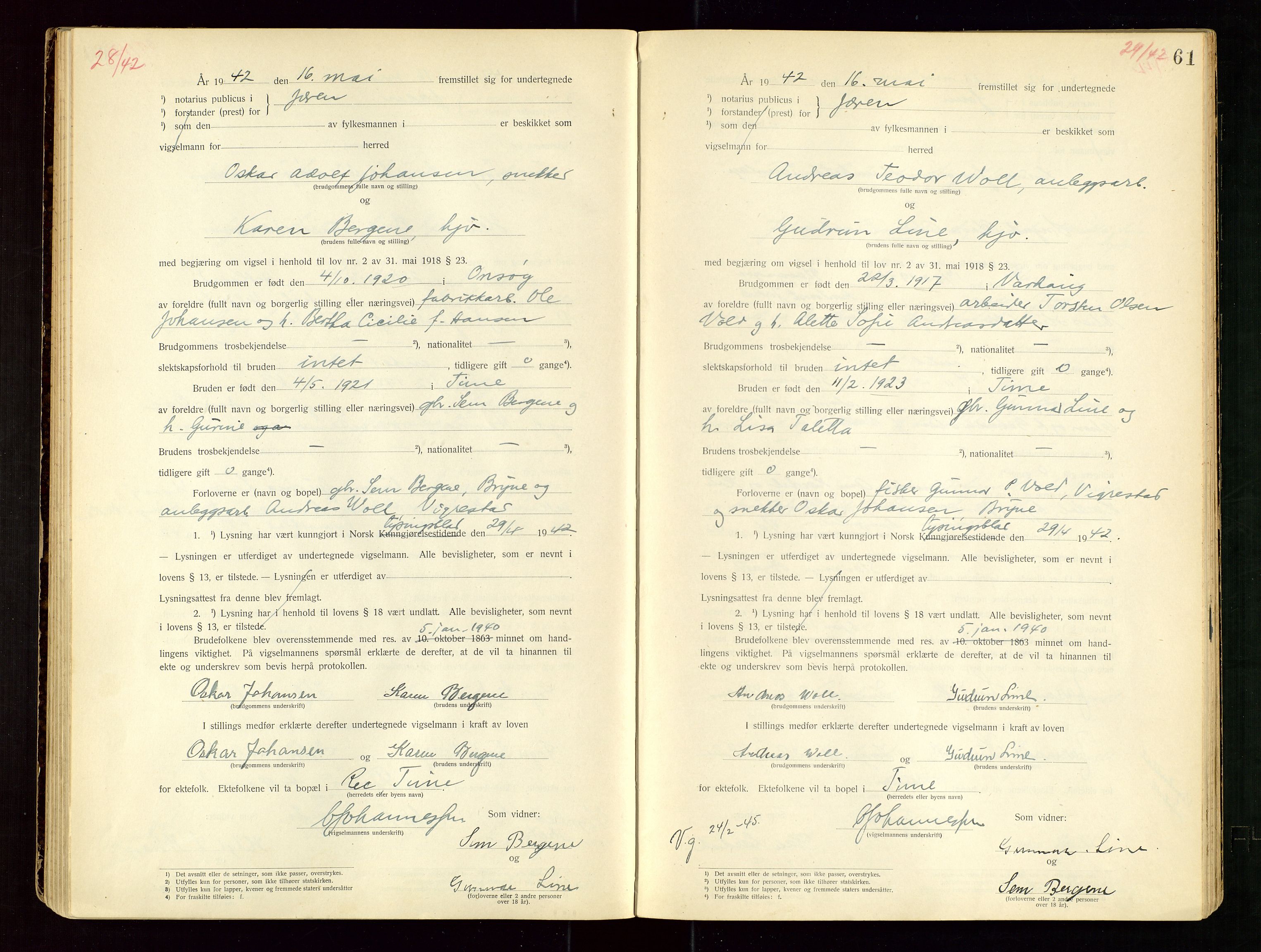 Jæren sorenskriveri, AV/SAST-A-100310/01/6/62/62BA/L0002: VIGSELSPROTOKOLL, 1937-1942, p. 61