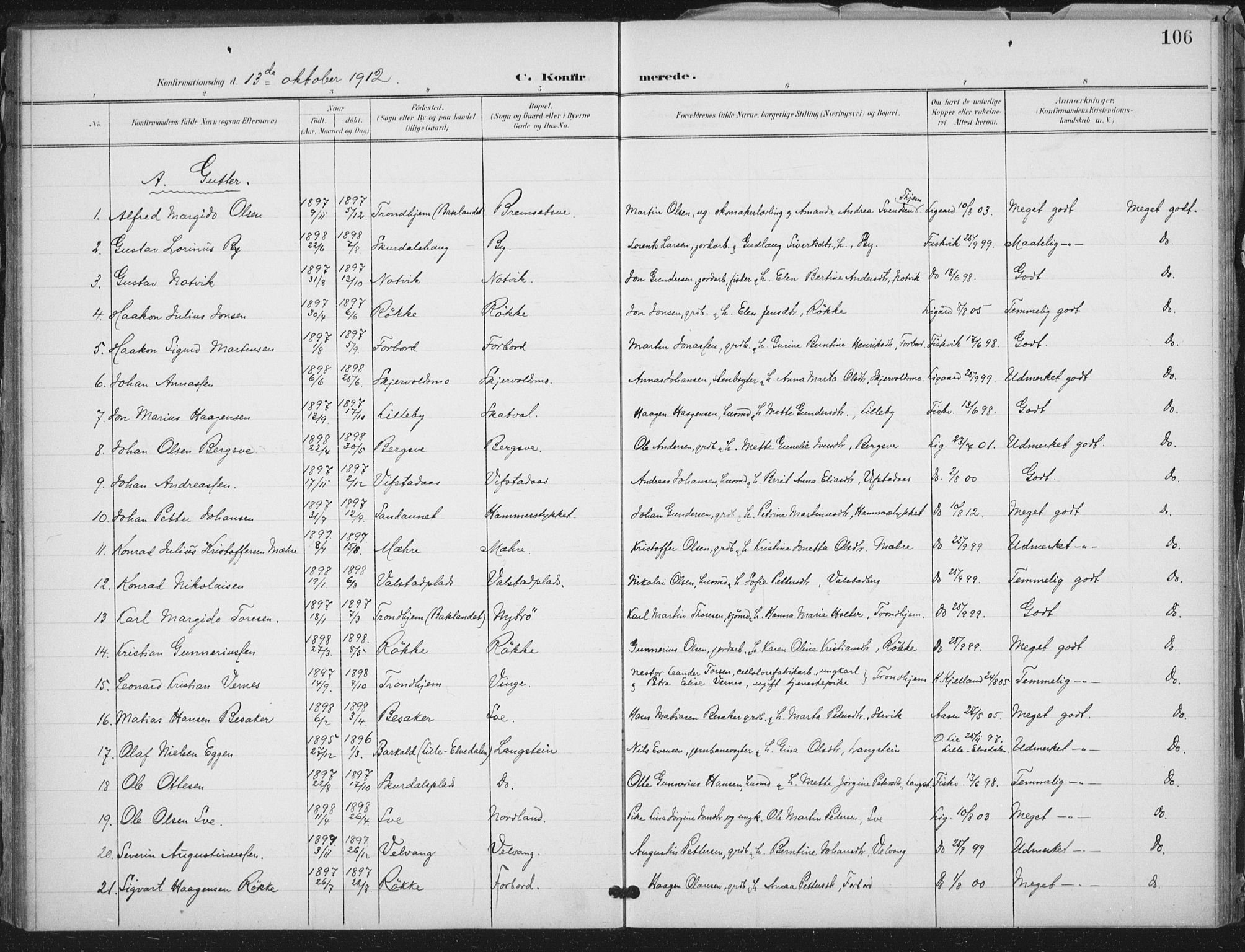 Ministerialprotokoller, klokkerbøker og fødselsregistre - Nord-Trøndelag, AV/SAT-A-1458/712/L0101: Parish register (official) no. 712A02, 1901-1916, p. 106