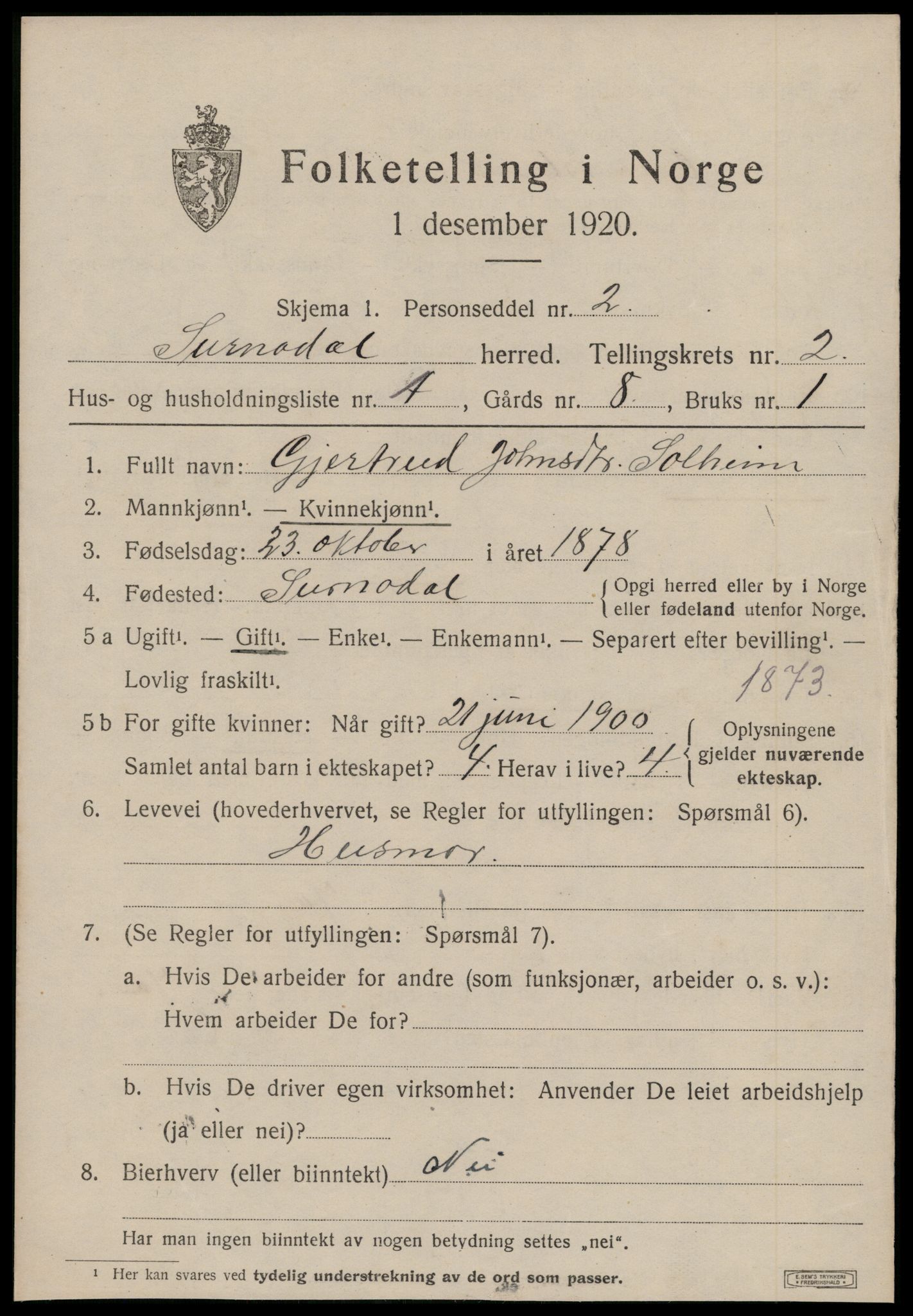 SAT, 1920 census for Surnadal, 1920, p. 1745