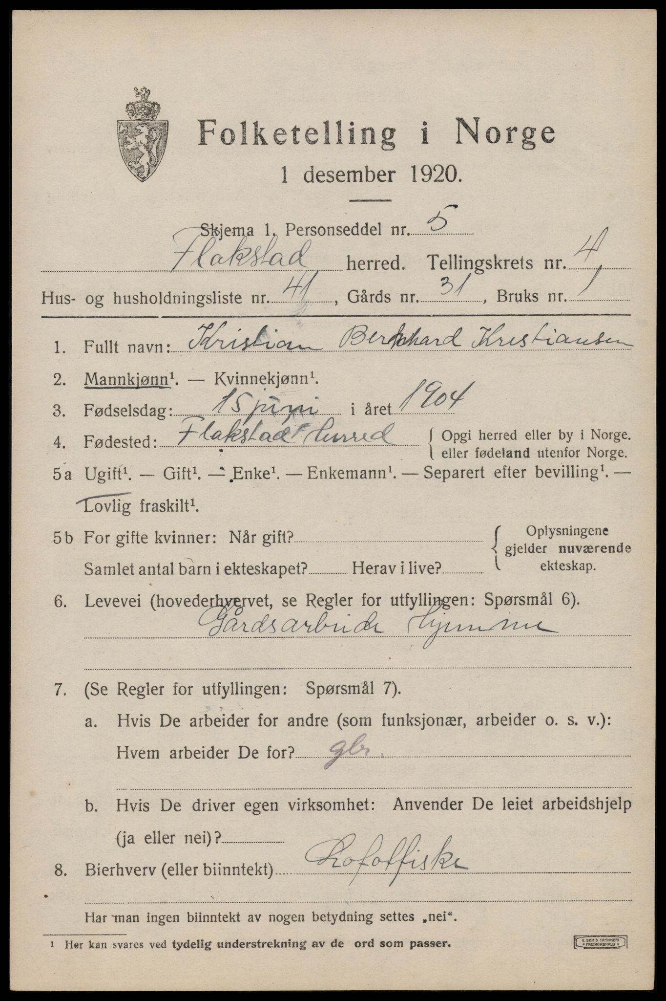 SAT, 1920 census for Flakstad, 1920, p. 3381