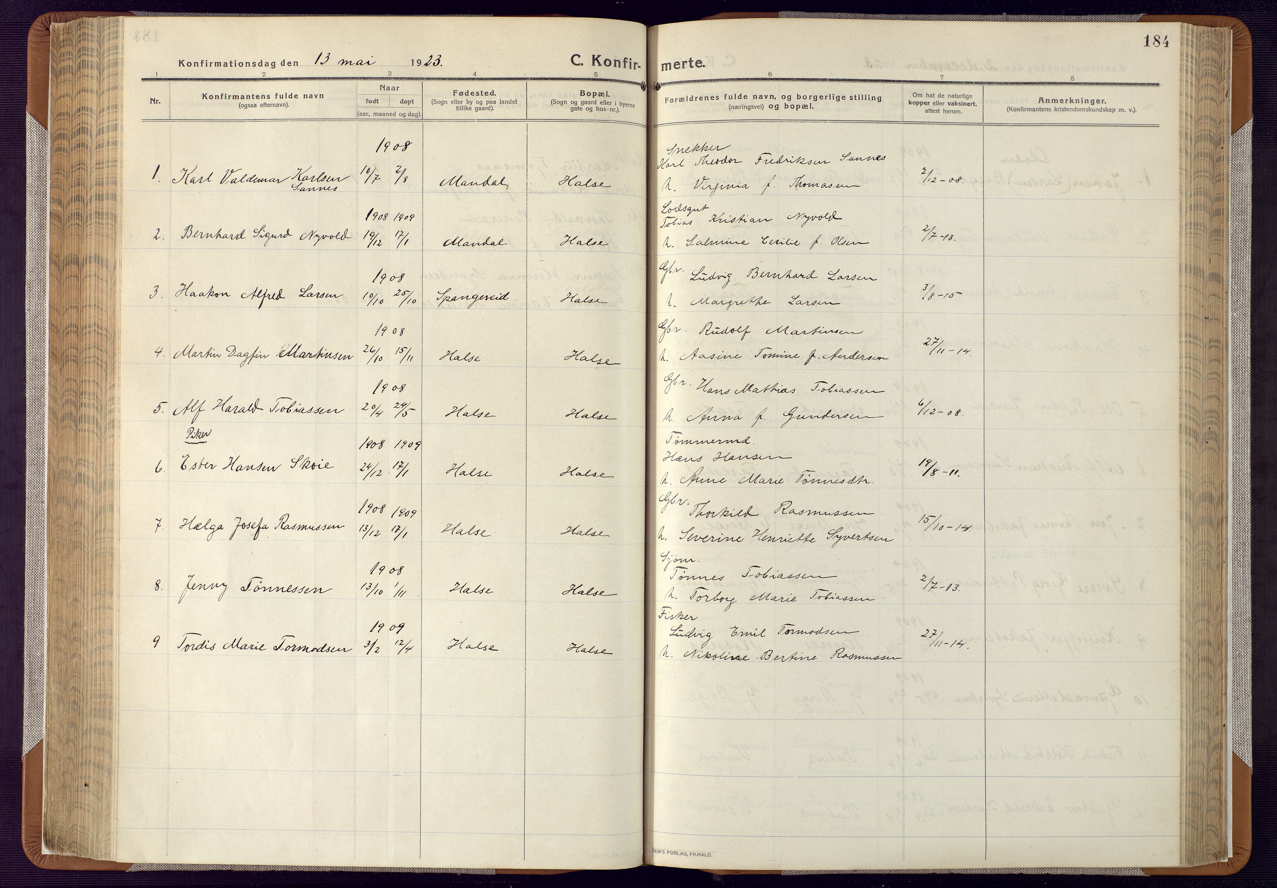 Mandal sokneprestkontor, SAK/1111-0030/F/Fa/Faa/L0022: Parish register (official) no. A 22, 1913-1925, p. 184