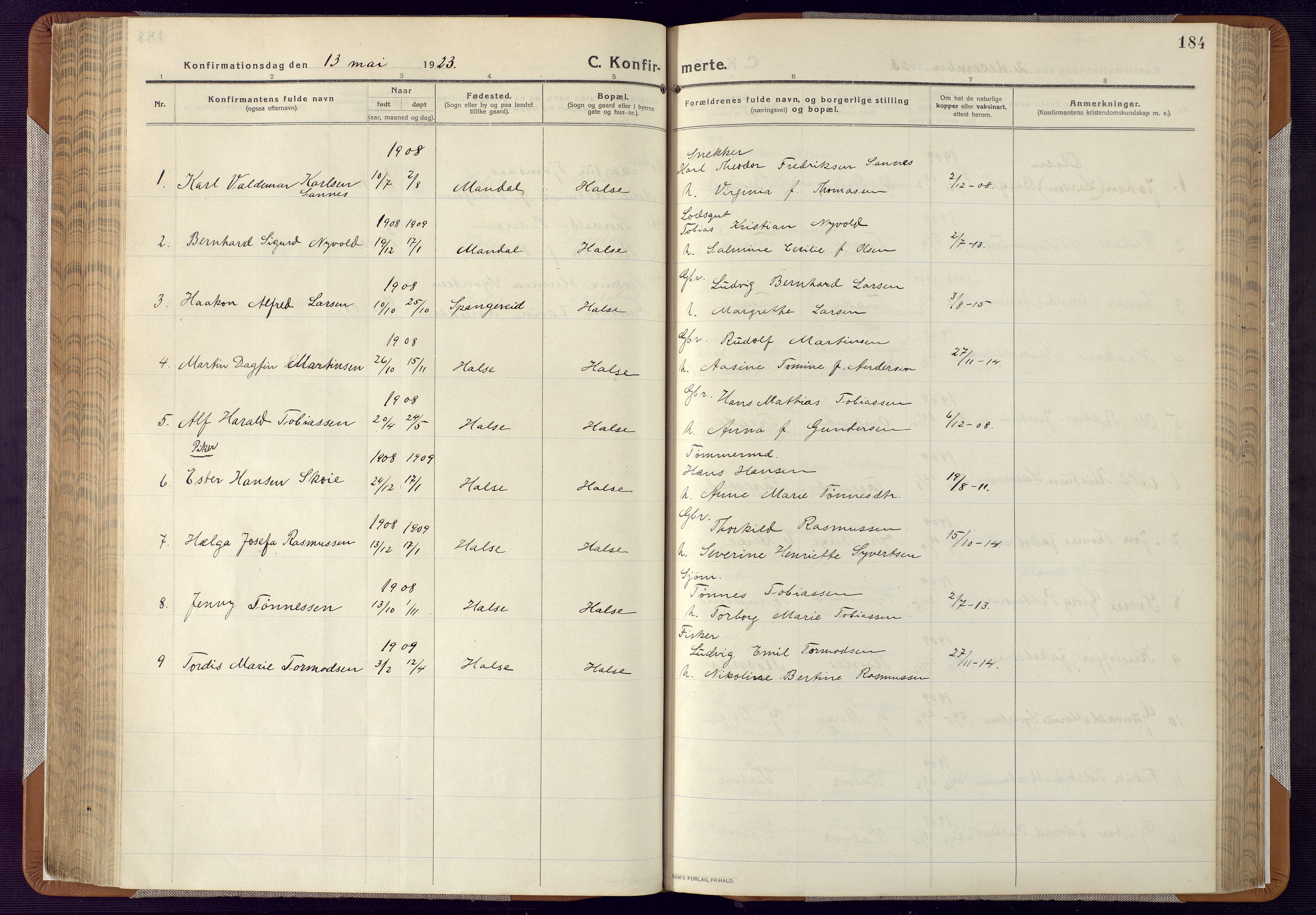 Mandal sokneprestkontor, AV/SAK-1111-0030/F/Fa/Faa/L0022: Parish register (official) no. A 22, 1913-1925, p. 184