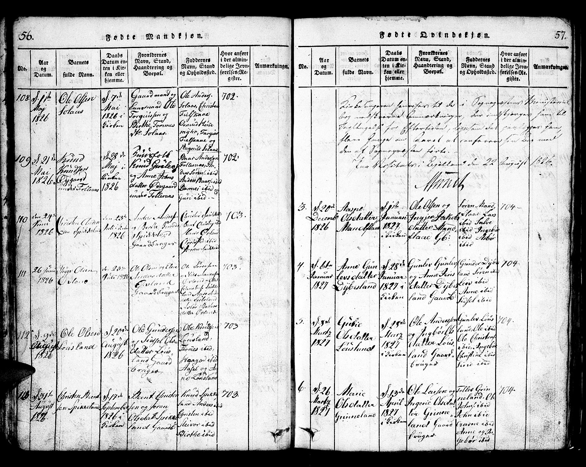 Bjelland sokneprestkontor, SAK/1111-0005/F/Fb/Fbb/L0003: Parish register (copy) no. B 3, 1816-1868, p. 56-57