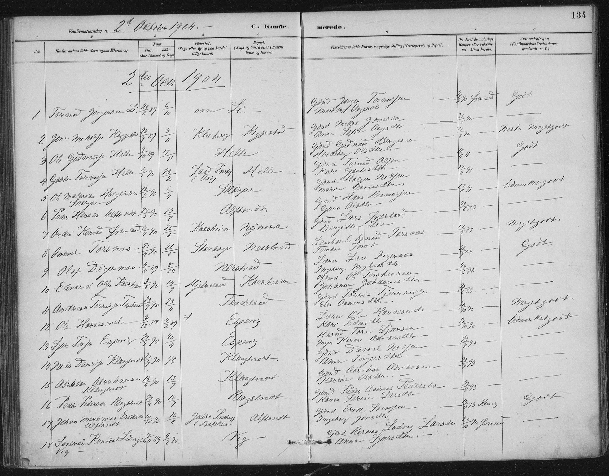 Nedstrand sokneprestkontor, SAST/A-101841/01/IV: Parish register (official) no. A 12, 1887-1915, p. 134