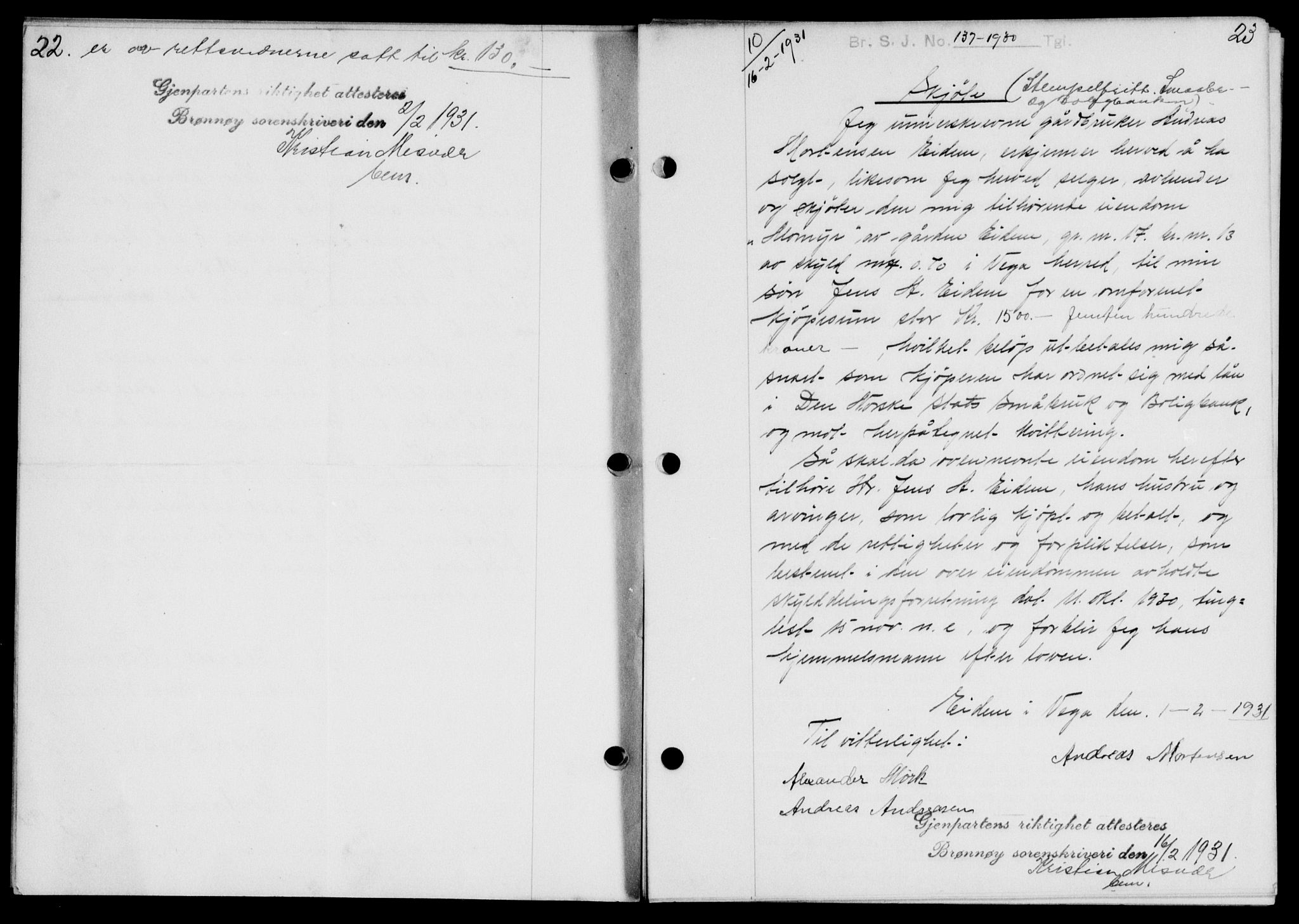 Brønnøy sorenskriveri, SAT/A-4170/1/2/2C/L0009: Mortgage book no. 9, 1931-1932, p. 22-23, Deed date: 16.02.1931