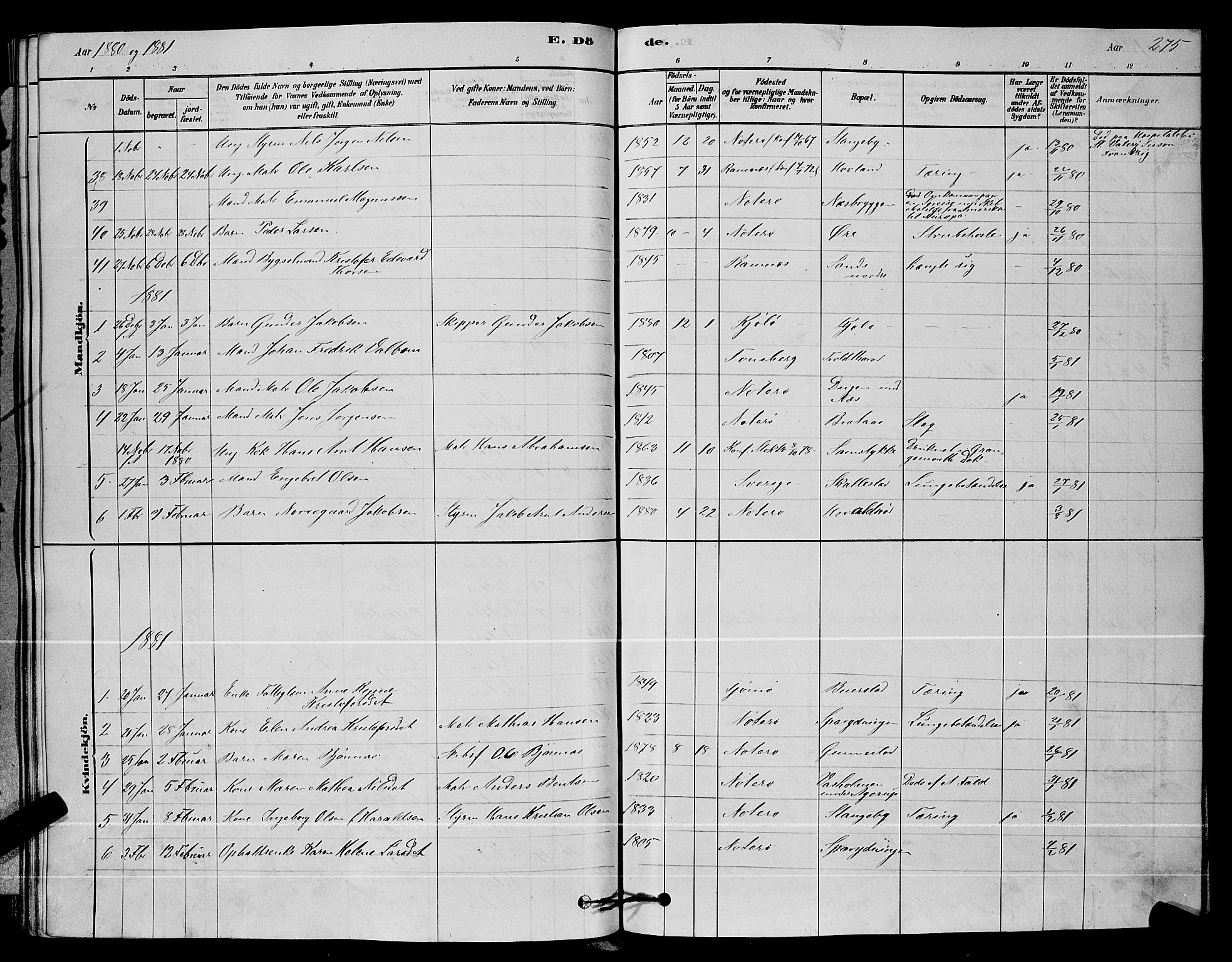 Nøtterøy kirkebøker, AV/SAKO-A-354/G/Ga/L0003: Parish register (copy) no. I 3, 1878-1893, p. 275