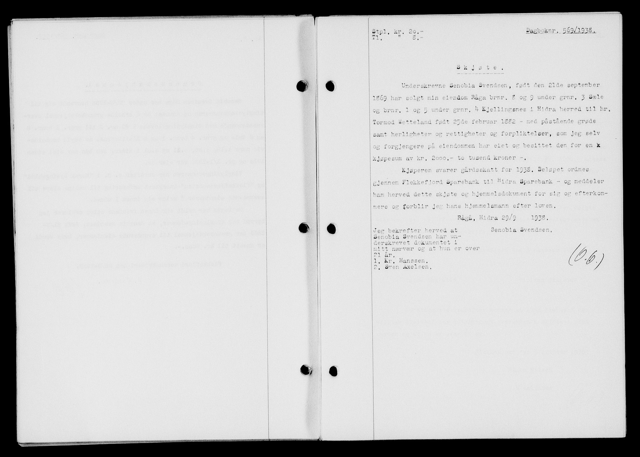 Flekkefjord sorenskriveri, SAK/1221-0001/G/Gb/Gba/L0054: Mortgage book no. A-2, 1937-1938, Diary no: : 569/1938