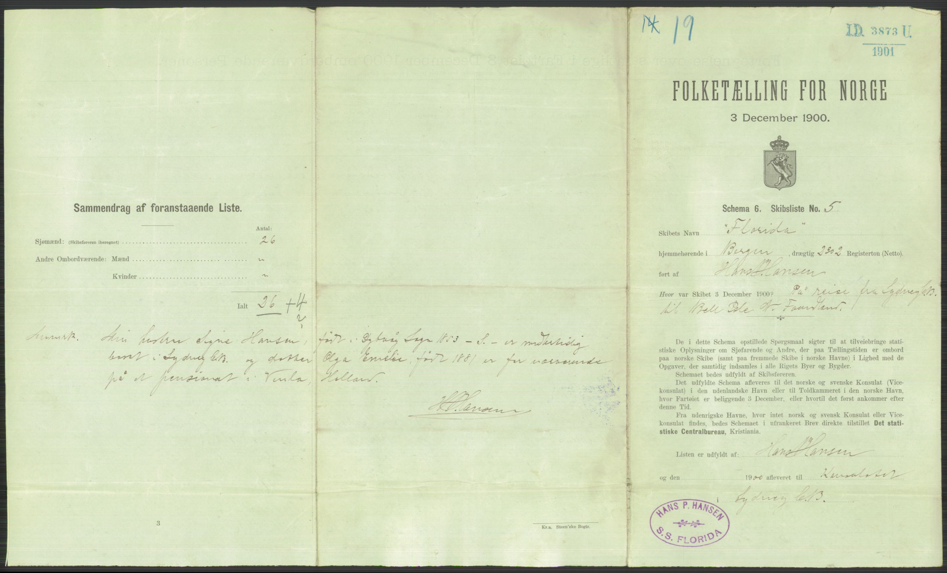 RA, 1900 Census - ship lists from ships in Norwegian harbours, harbours abroad and at sea, 1900, p. 5727