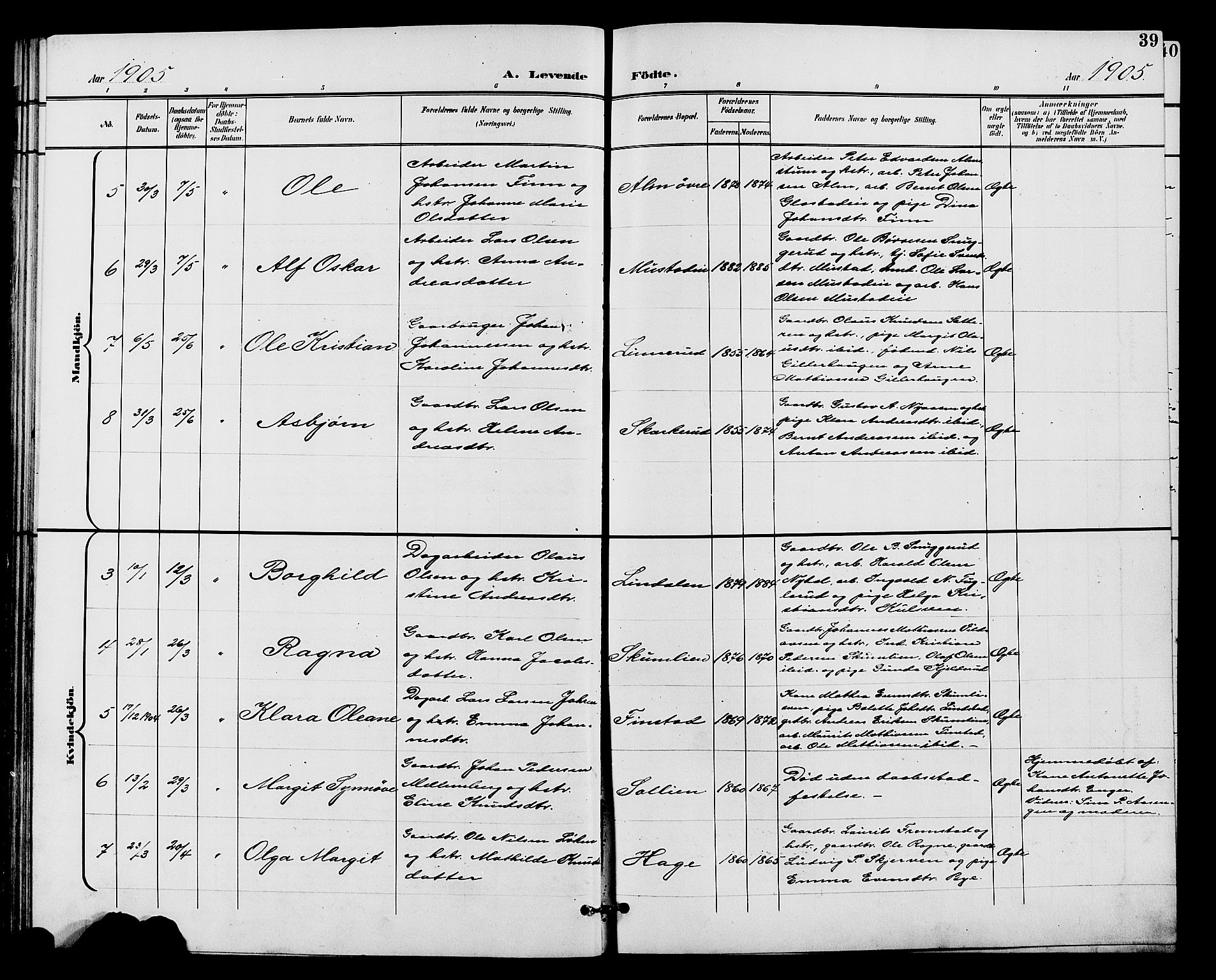 Vardal prestekontor, SAH/PREST-100/H/Ha/Hab/L0011: Parish register (copy) no. 11, 1899-1913, p. 39