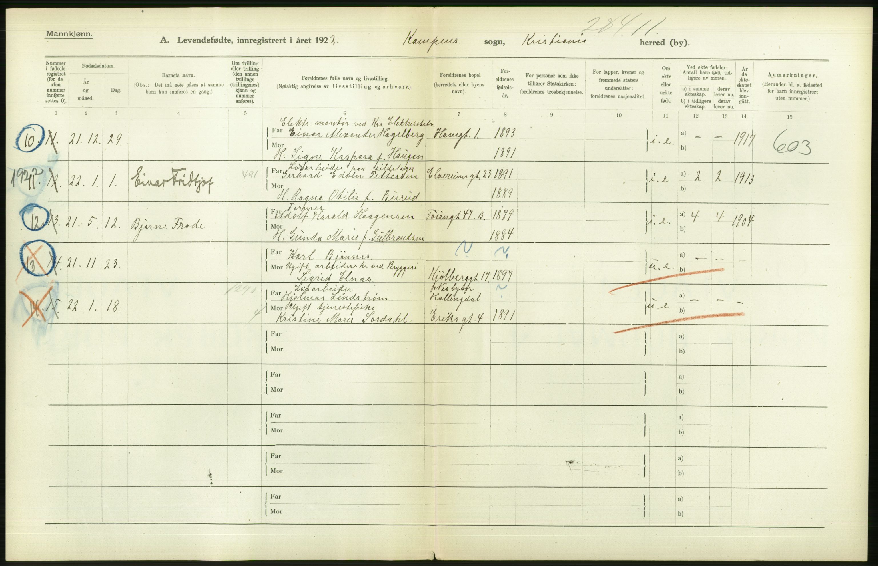 Statistisk sentralbyrå, Sosiodemografiske emner, Befolkning, AV/RA-S-2228/D/Df/Dfc/Dfcb/L0007: Kristiania: Levendefødte menn og kvinner., 1922, p. 568