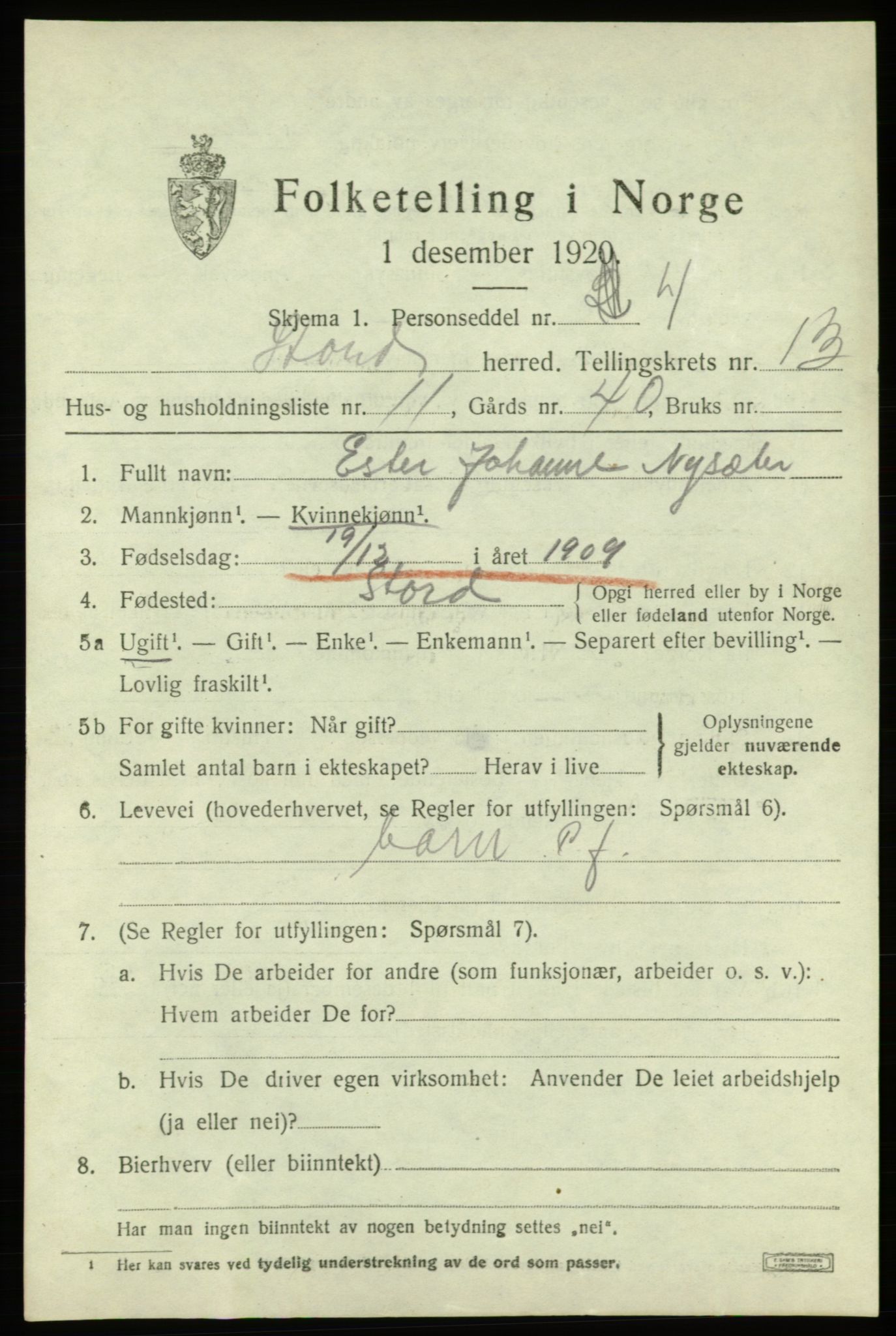 SAB, 1920 census for Stord, 1920, p. 7561