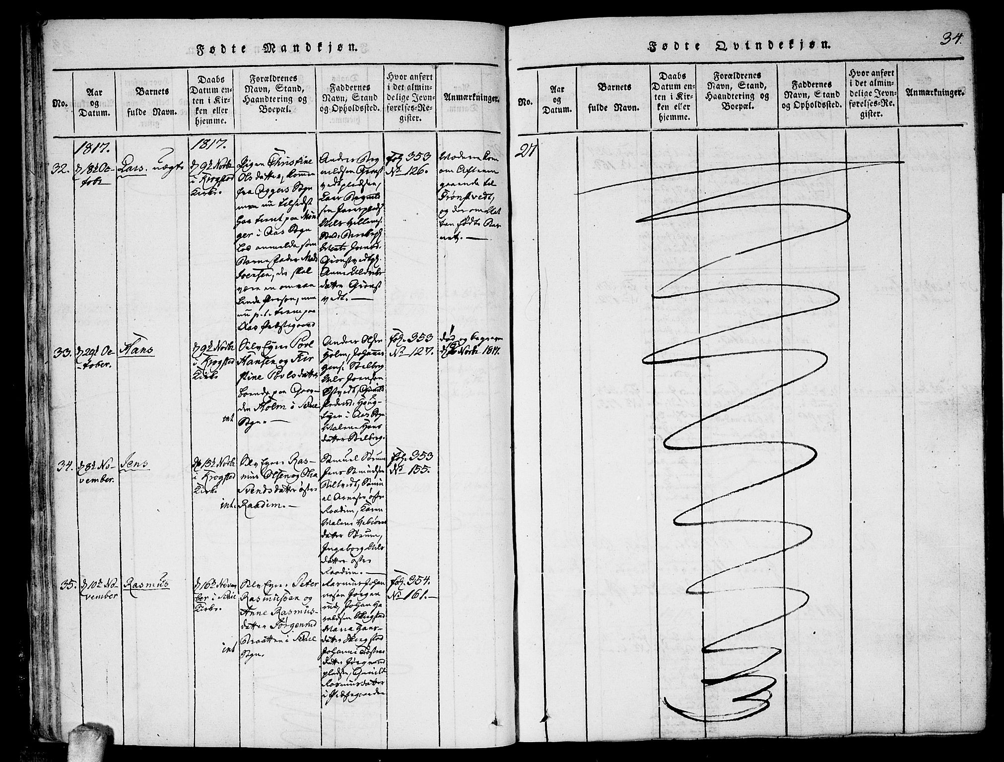 Kråkstad prestekontor Kirkebøker, AV/SAO-A-10125a/F/Fa/L0003: Parish register (official) no. I 3, 1813-1824, p. 34