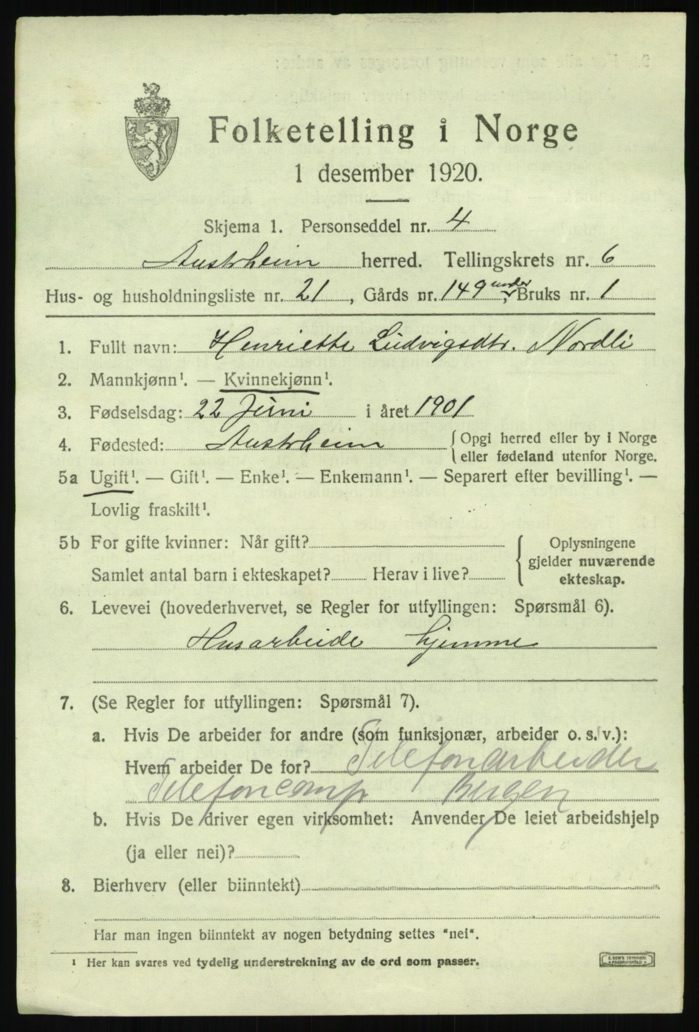 SAB, 1920 census for Austrheim, 1920, p. 2694