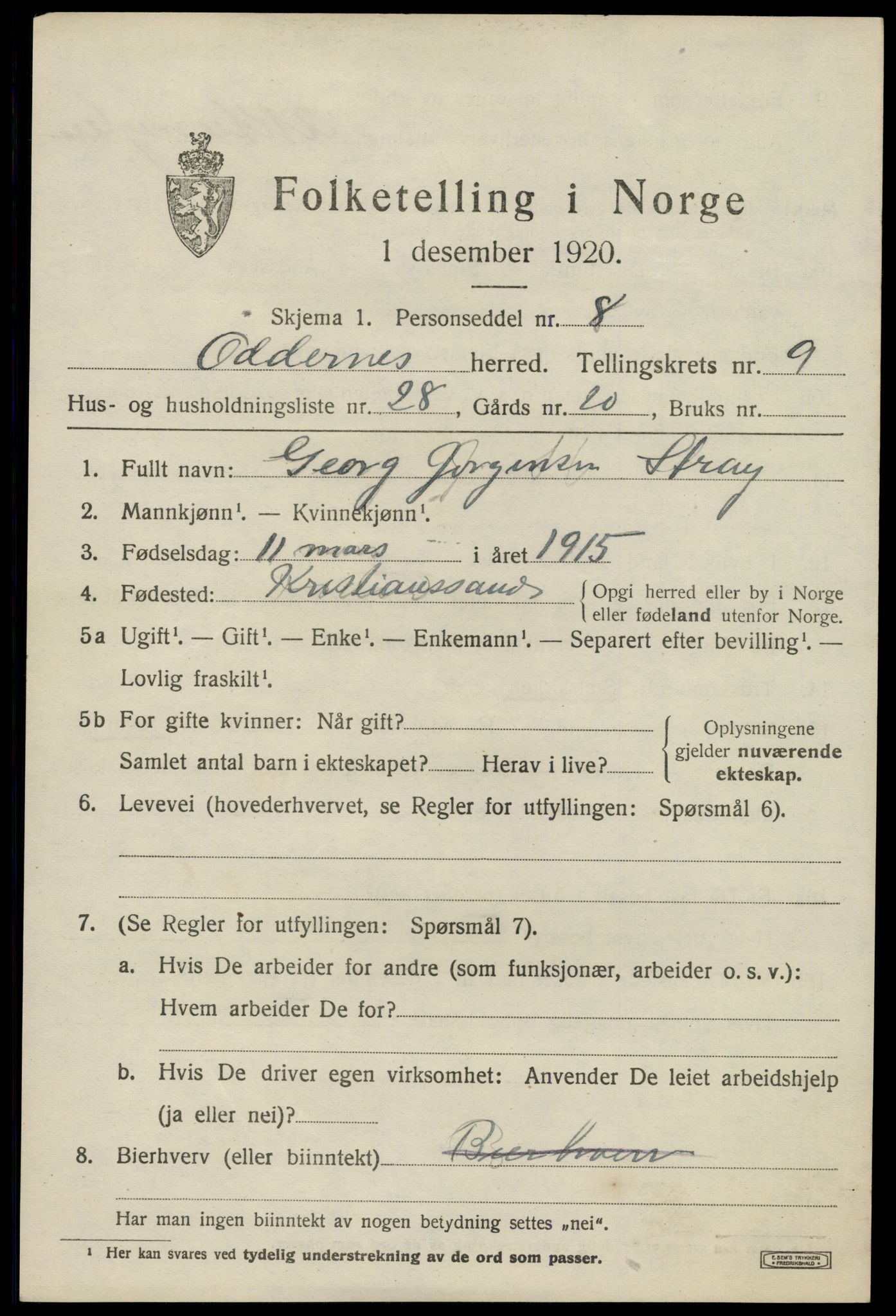 SAK, 1920 census for Oddernes, 1920, p. 6361