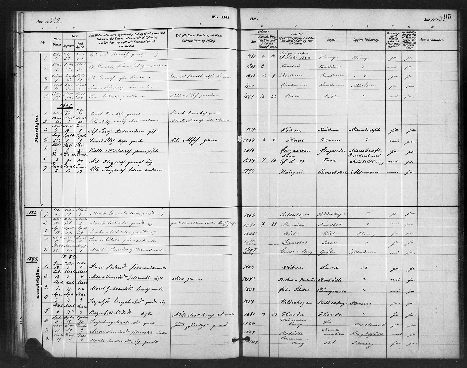 Vestre Slidre prestekontor, SAH/PREST-136/H/Ha/Hab/L0006: Parish register (copy) no. 6, 1881-1915, p. 95