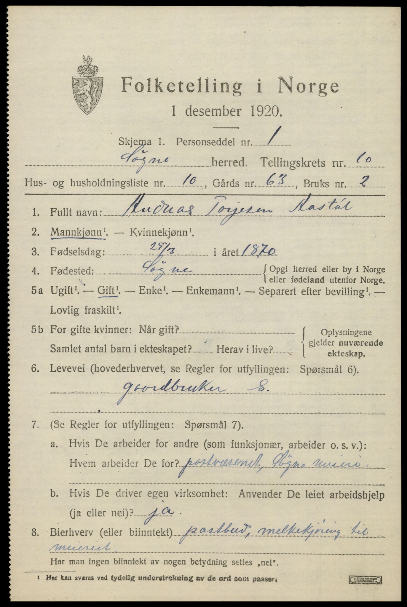 SAK, 1920 census for Søgne, 1920, p. 5507