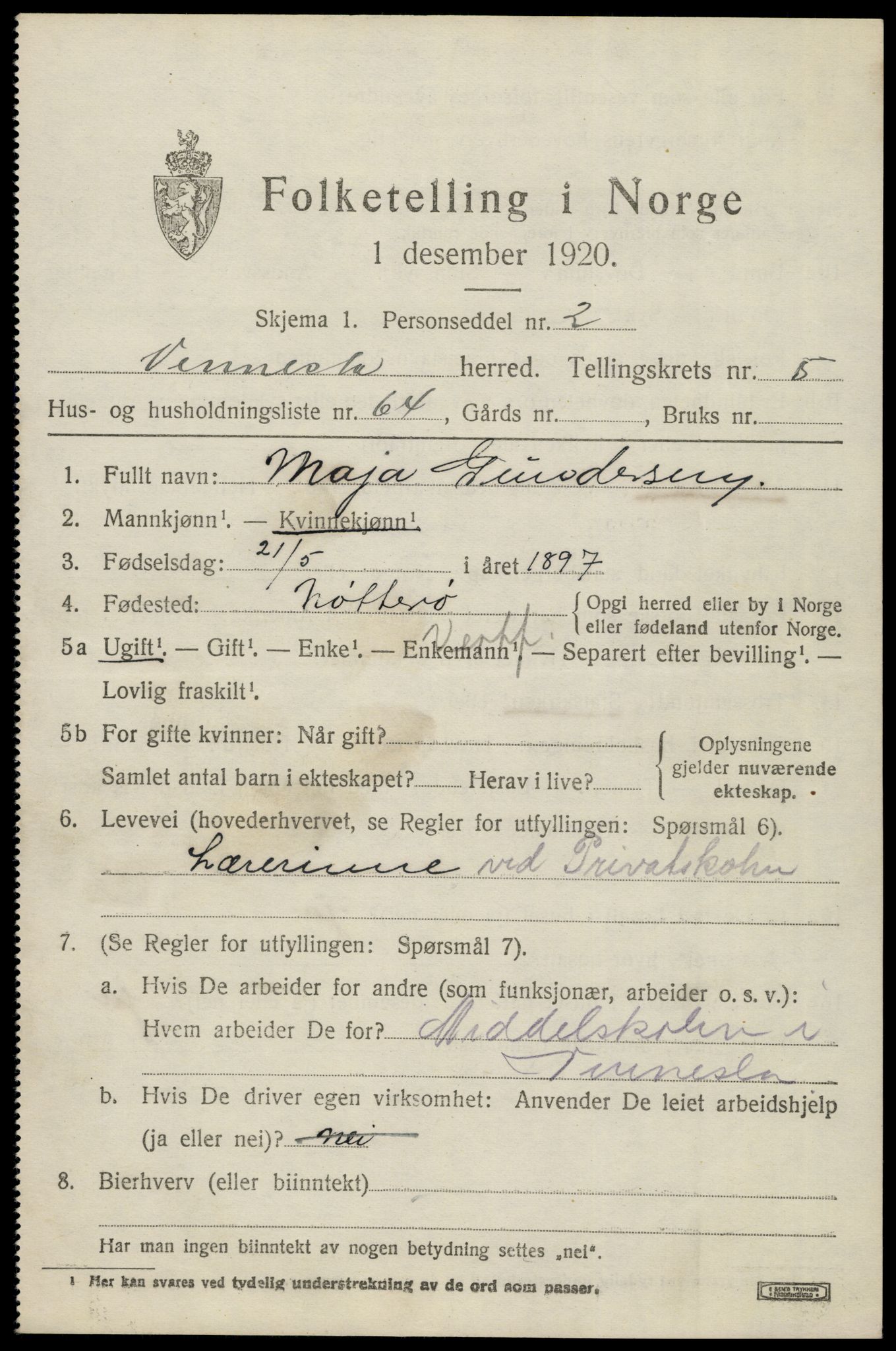 SAK, 1920 census for Vennesla, 1920, p. 4298