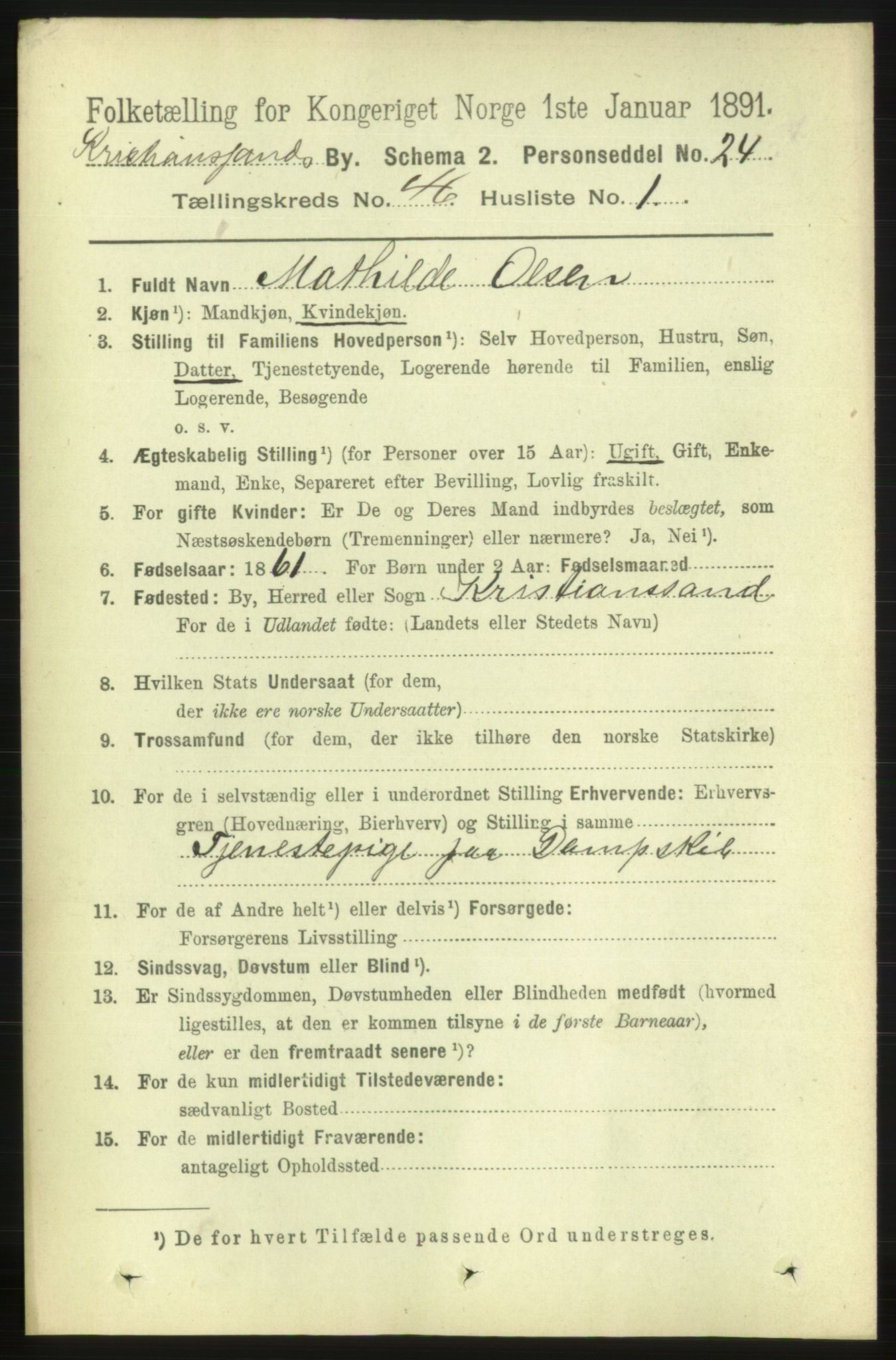 RA, 1891 census for 1001 Kristiansand, 1891, p. 14023