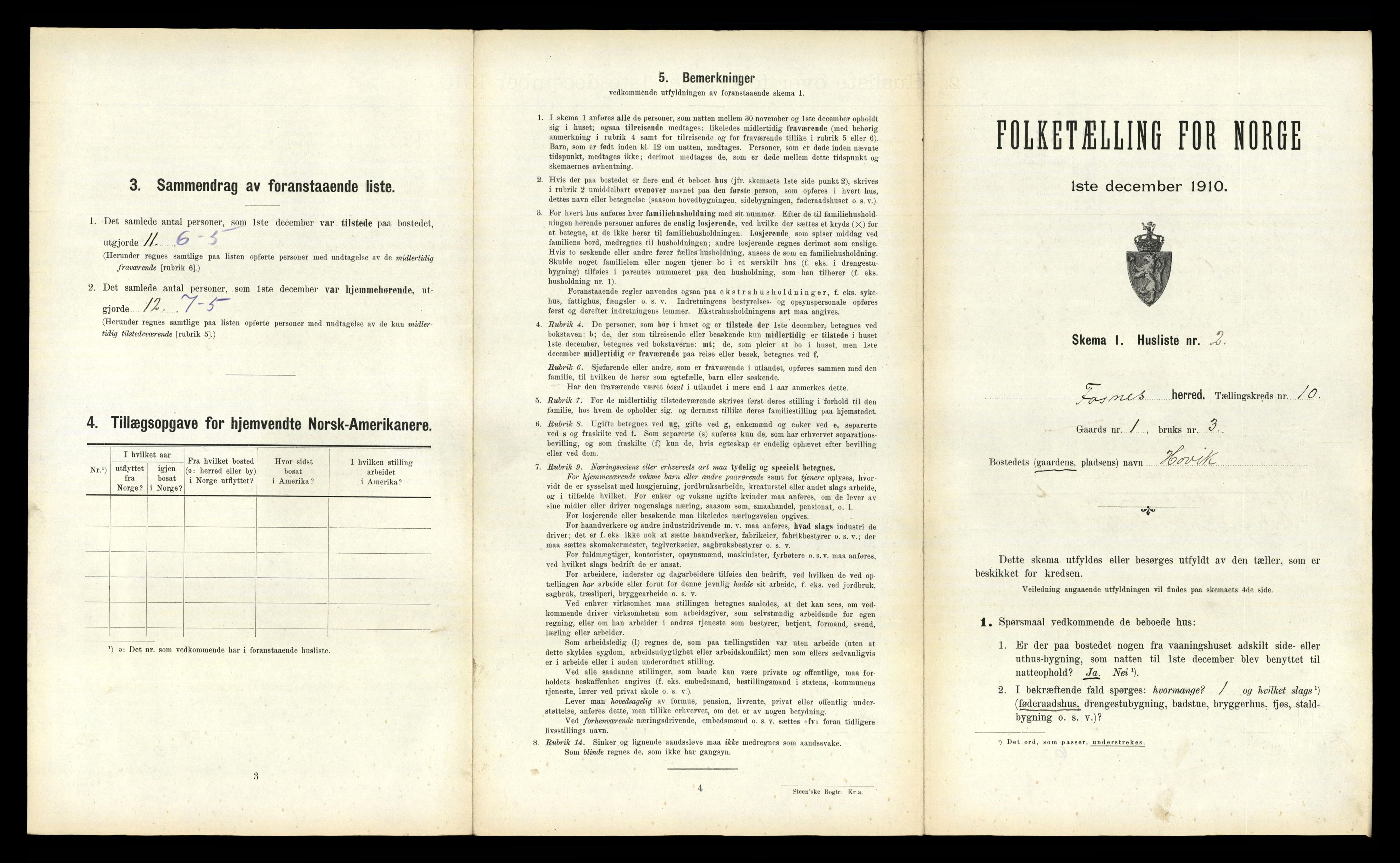 RA, 1910 census for Fosnes, 1910, p. 653