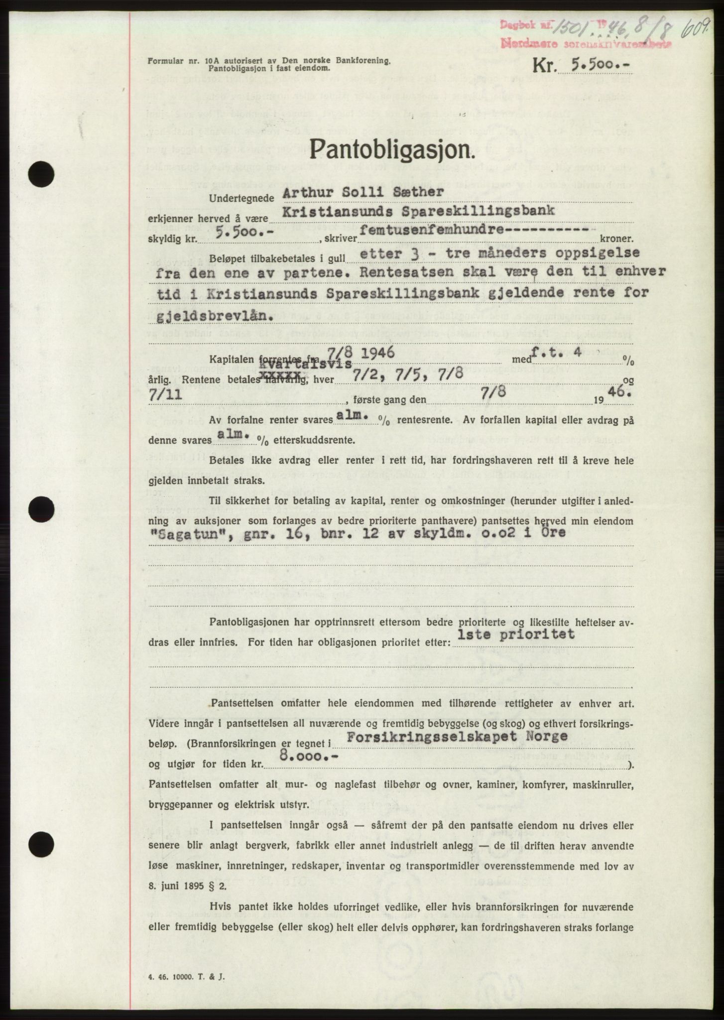 Nordmøre sorenskriveri, AV/SAT-A-4132/1/2/2Ca: Mortgage book no. B94, 1946-1946, Diary no: : 1501/1946