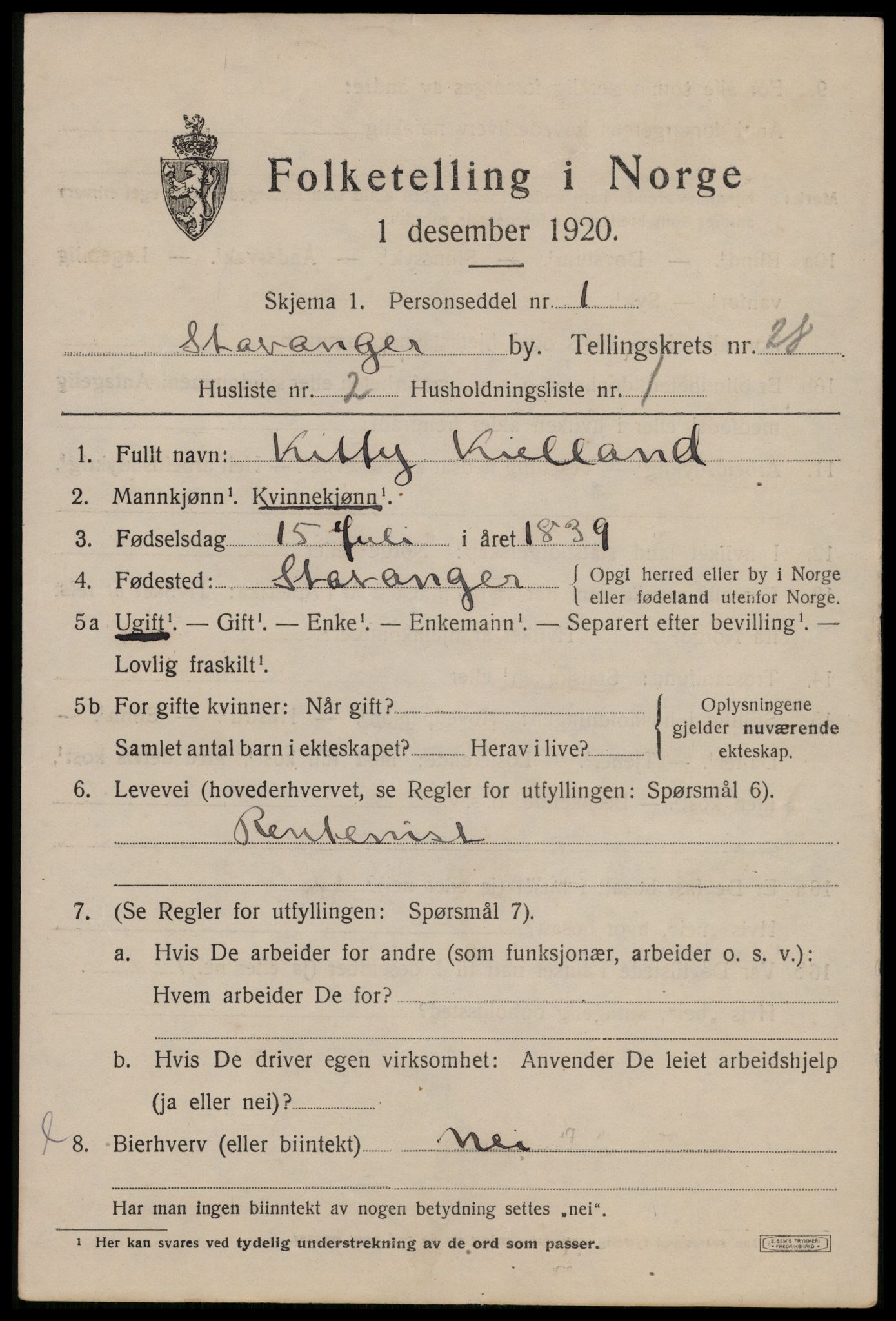 SAST, 1920 census for Stavanger, 1920, p. 80760