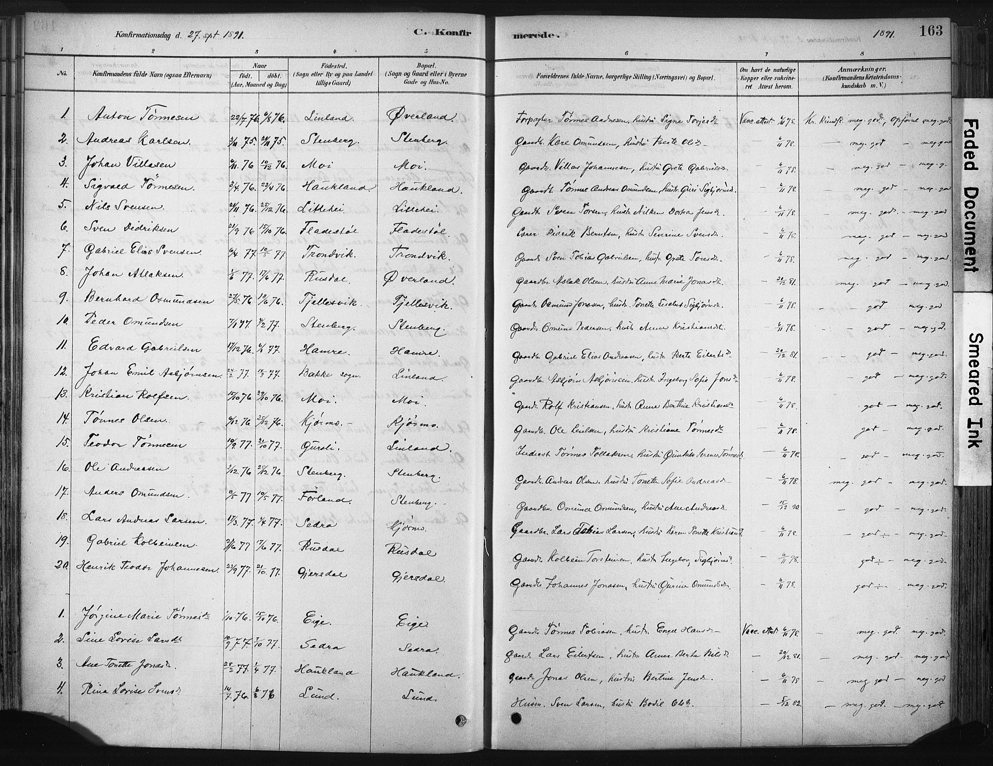 Lund sokneprestkontor, AV/SAST-A-101809/S06/L0011: Parish register (official) no. A 10, 1877-1904, p. 163