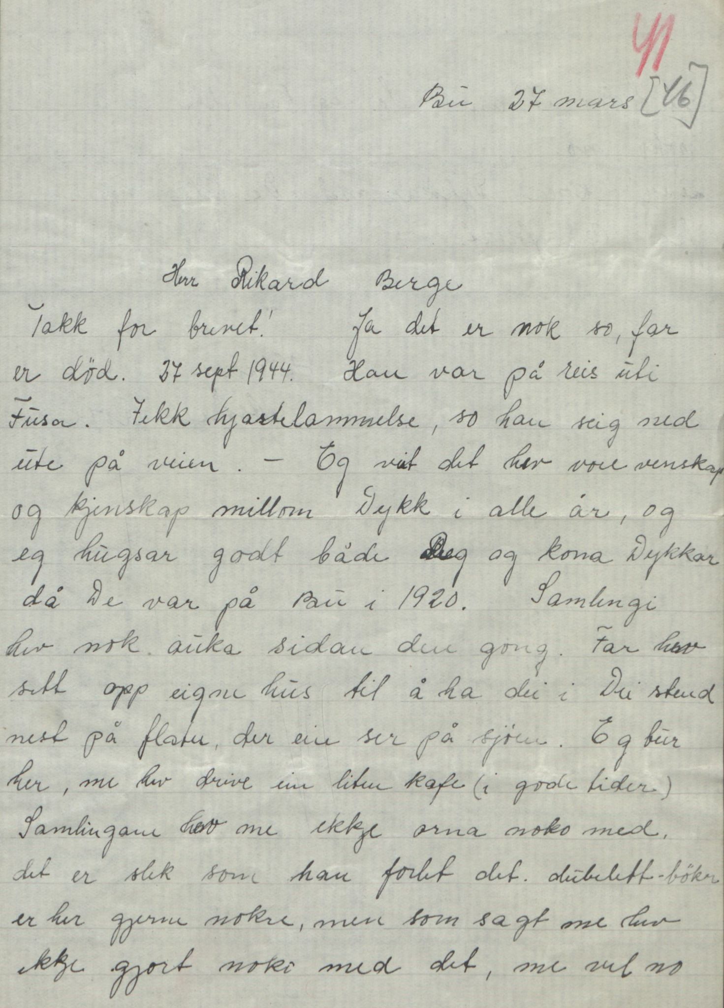 Rikard Berge, TEMU/TGM-A-1003/F/L0018/0056: 600-656 / 655 Brev, kataloger og andre papir til Rikard Berge. Konvolutten merka: Postpapir8, 1910-1950, p. 41