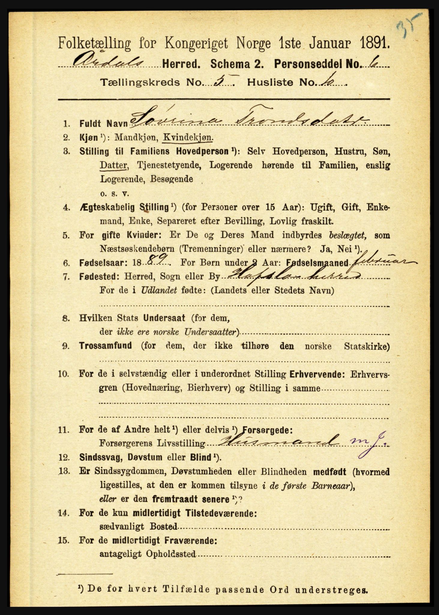 RA, 1891 census for 1424 Årdal, 1891, p. 1044