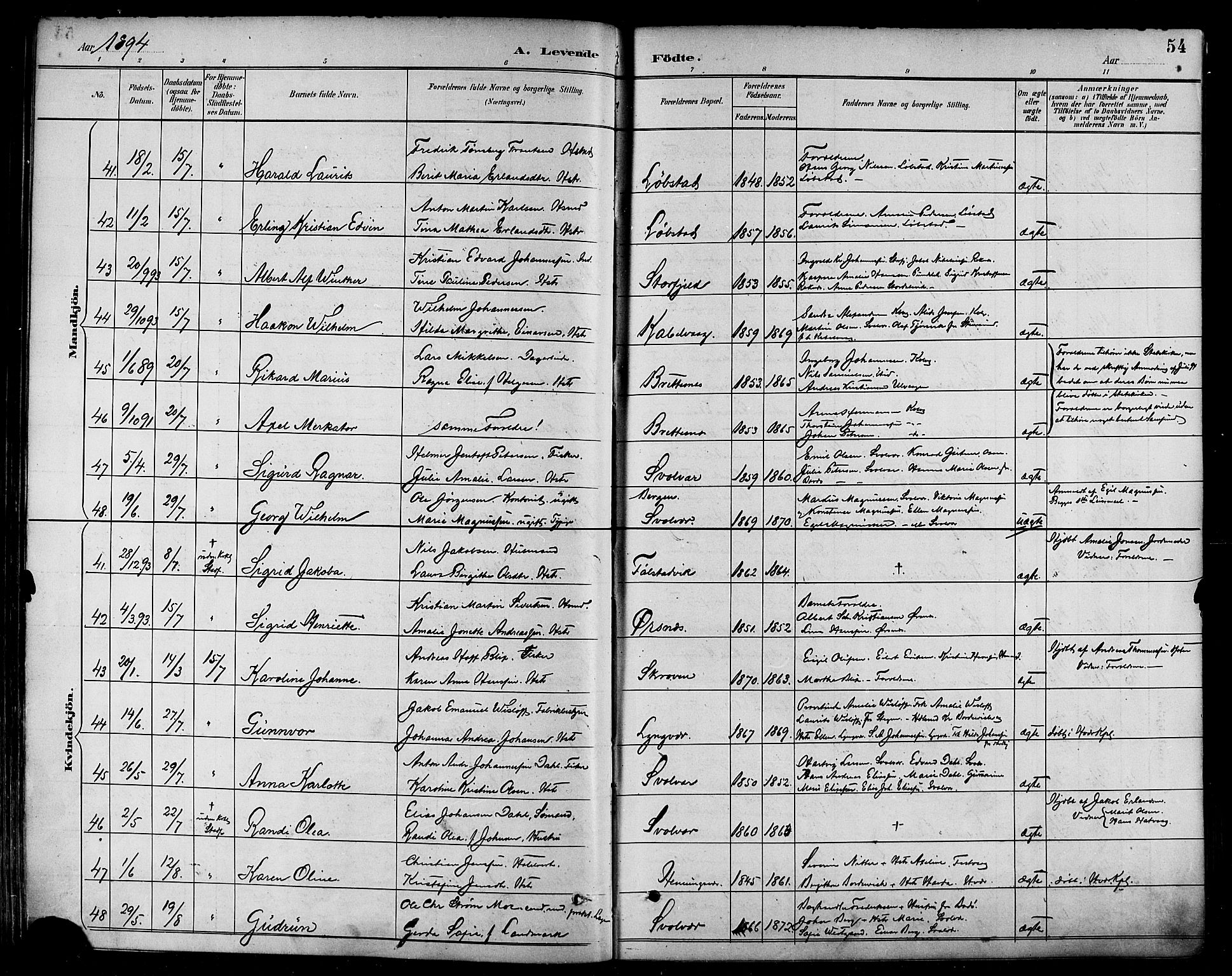 Ministerialprotokoller, klokkerbøker og fødselsregistre - Nordland, AV/SAT-A-1459/874/L1060: Parish register (official) no. 874A04, 1890-1899, p. 54