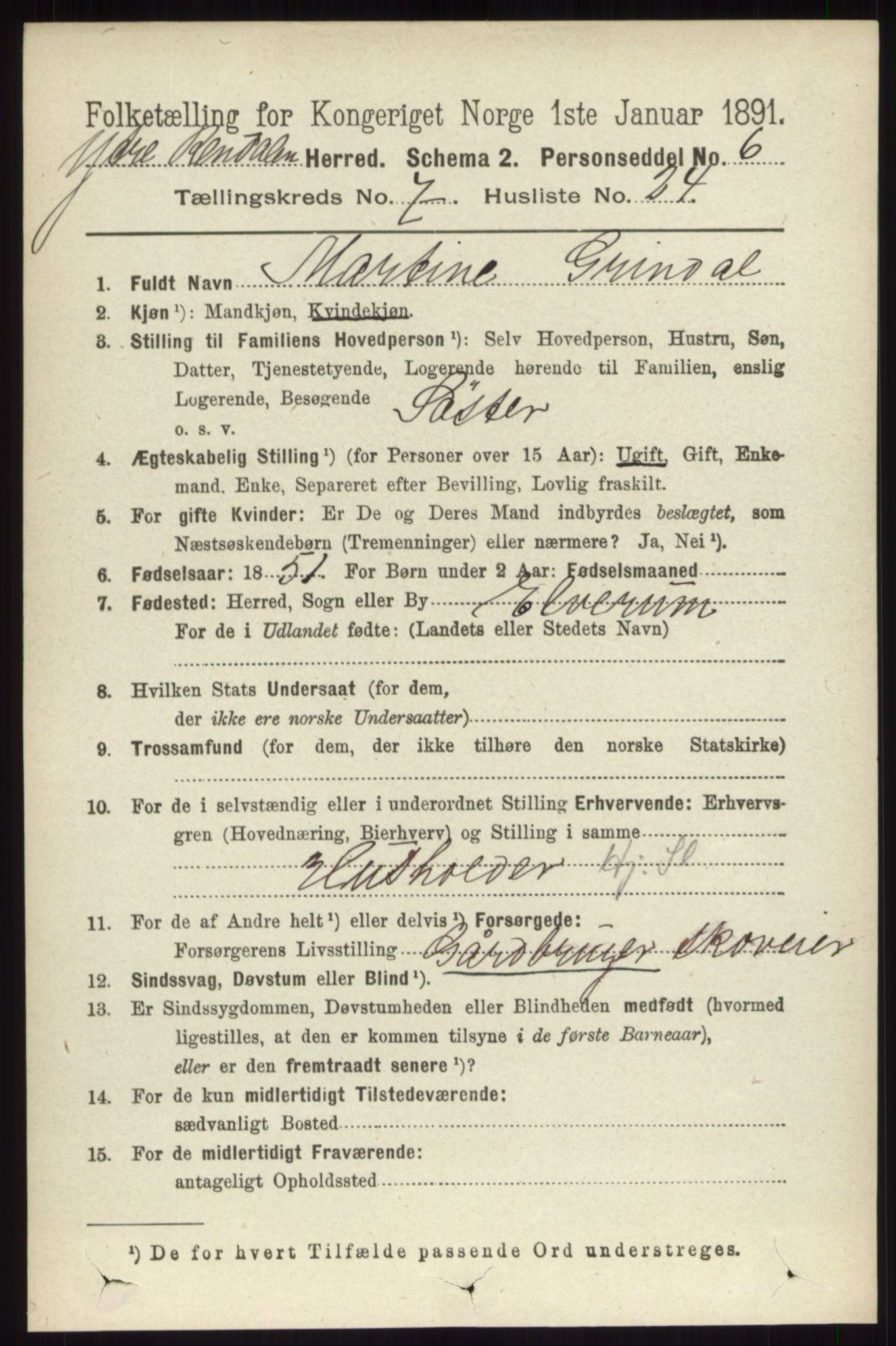 RA, 1891 census for 0432 Ytre Rendal, 1891, p. 2038