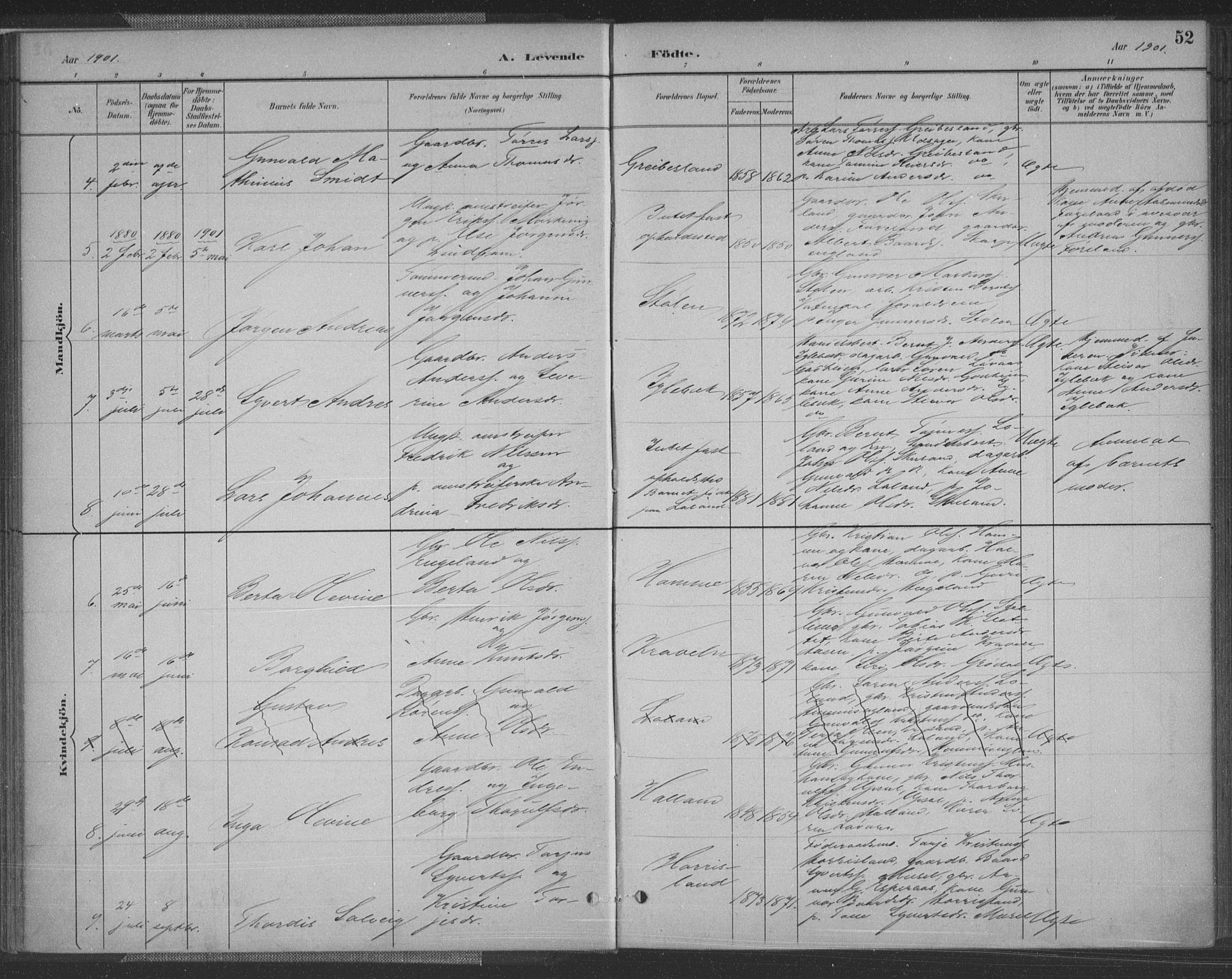 Vennesla sokneprestkontor, AV/SAK-1111-0045/Fa/Fac/L0009: Parish register (official) no. A 9, 1884-1901, p. 52