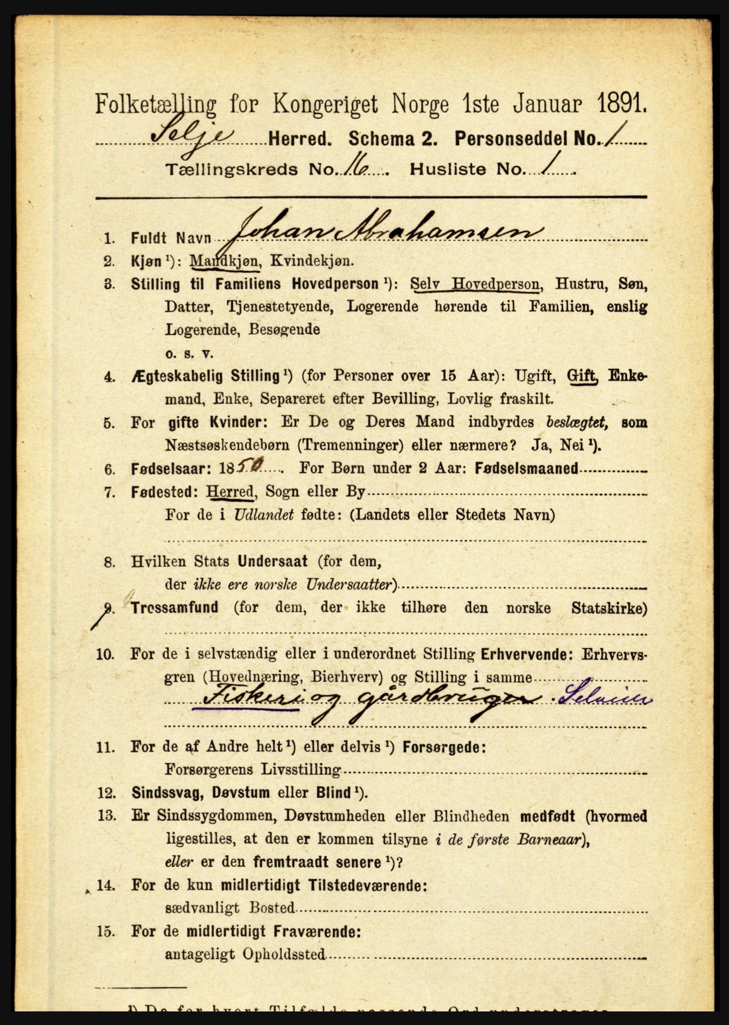 RA, 1891 census for 1441 Selje, 1891, p. 5058