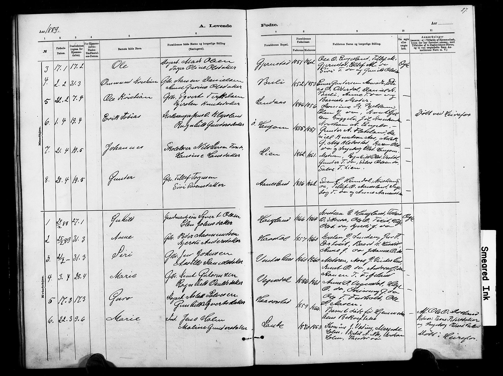 Herefoss sokneprestkontor, AV/SAK-1111-0019/F/Fb/Fbb/L0002: Parish register (copy) no. B 2, 1879-1894, p. 27