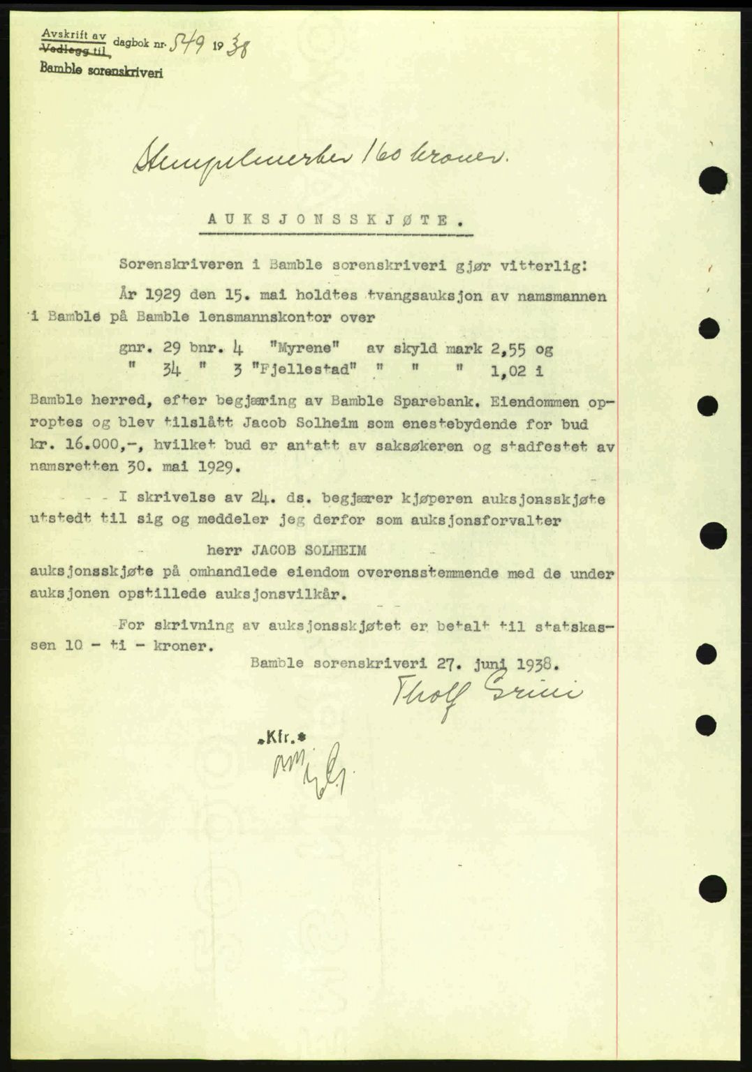 Bamble sorenskriveri, AV/SAKO-A-214/G/Ga/Gag/L0002: Mortgage book no. A-2, 1937-1938, Diary no: : 548/1938