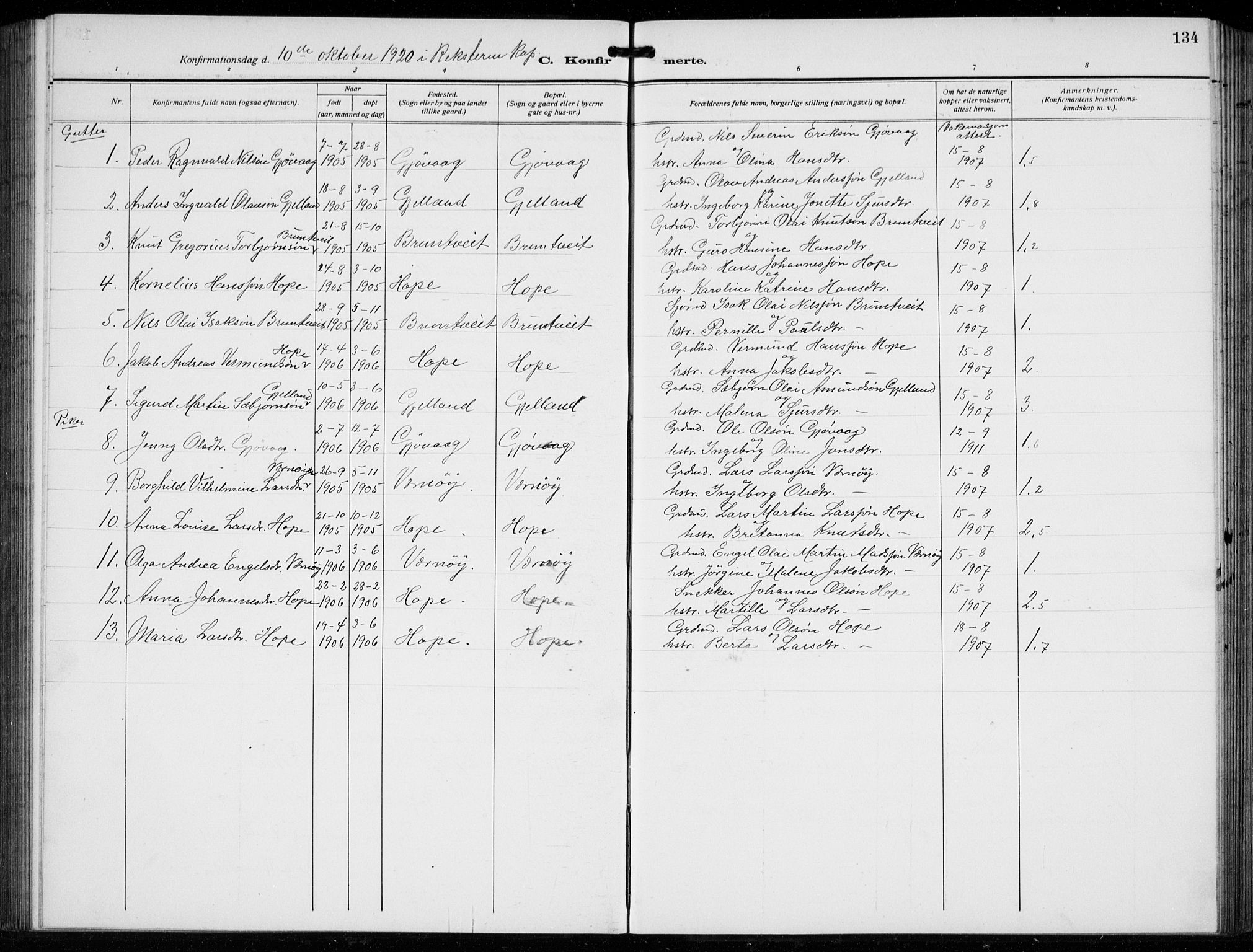 Tysnes sokneprestembete, AV/SAB-A-78601/H/Hab: Parish register (copy) no. B  3, 1918-1935, p. 134
