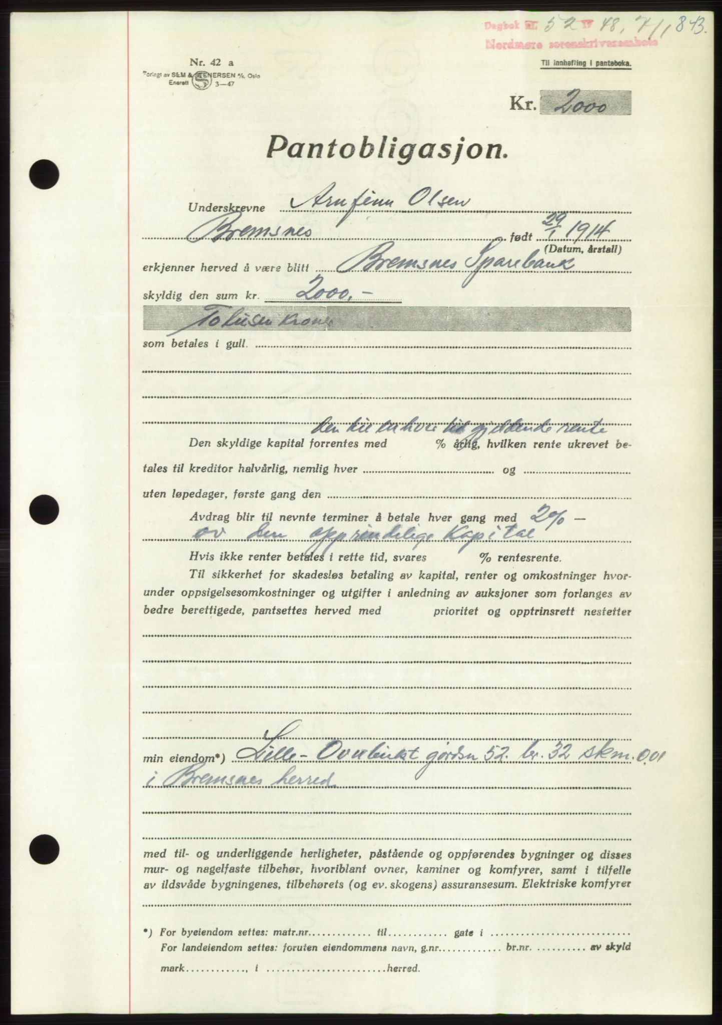 Nordmøre sorenskriveri, AV/SAT-A-4132/1/2/2Ca: Mortgage book no. B97, 1947-1948, Diary no: : 52/1948