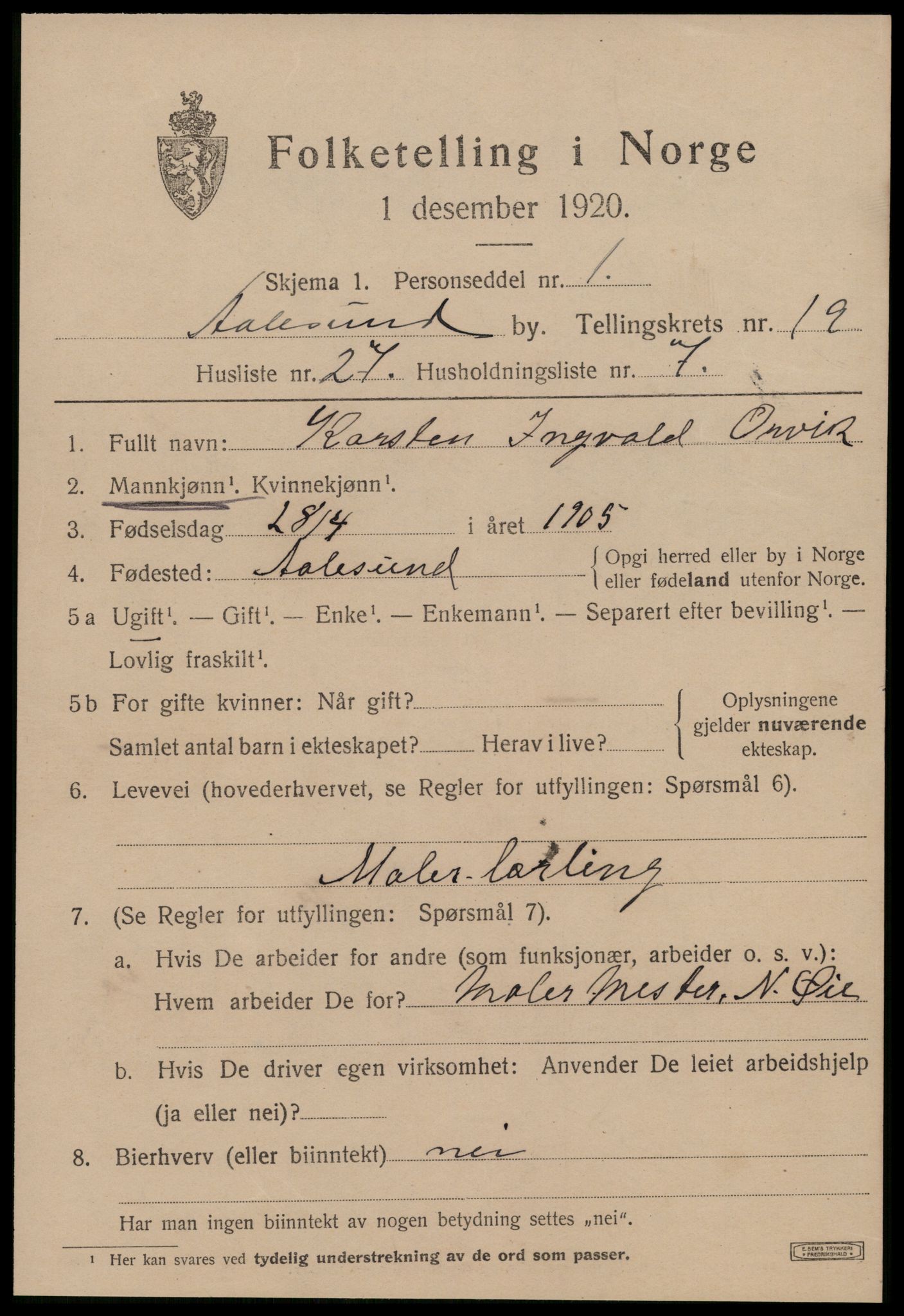 SAT, 1920 census for Ålesund, 1920, p. 36992