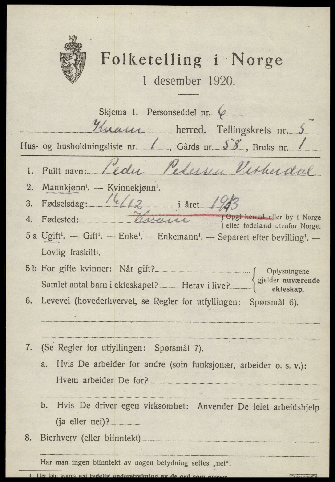 SAT, 1920 census for Kvam, 1920, p. 1387