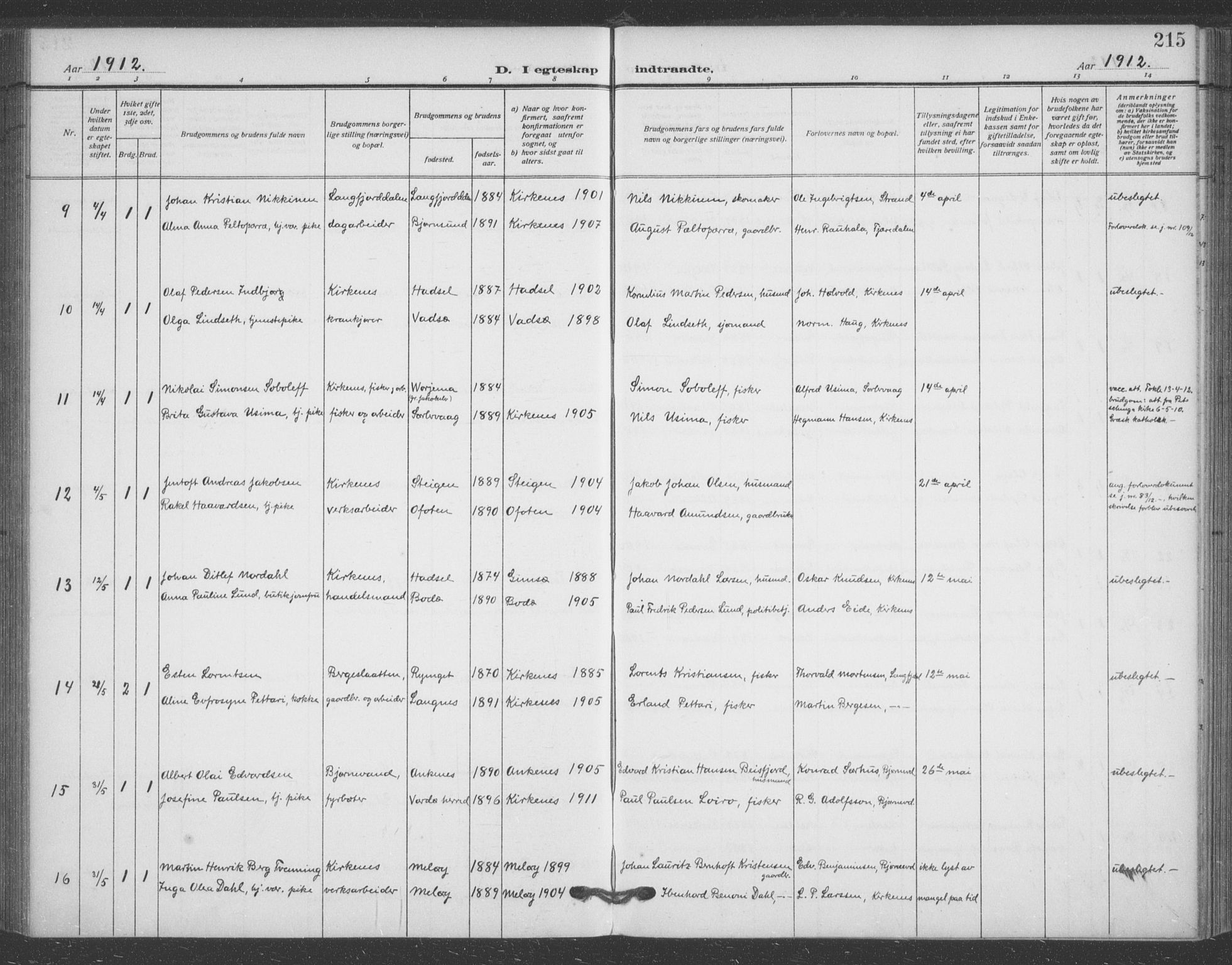 Sør-Varanger sokneprestkontor, AV/SATØ-S-1331/H/Ha/L0005kirke: Parish register (official) no. 5, 1909-1919, p. 215