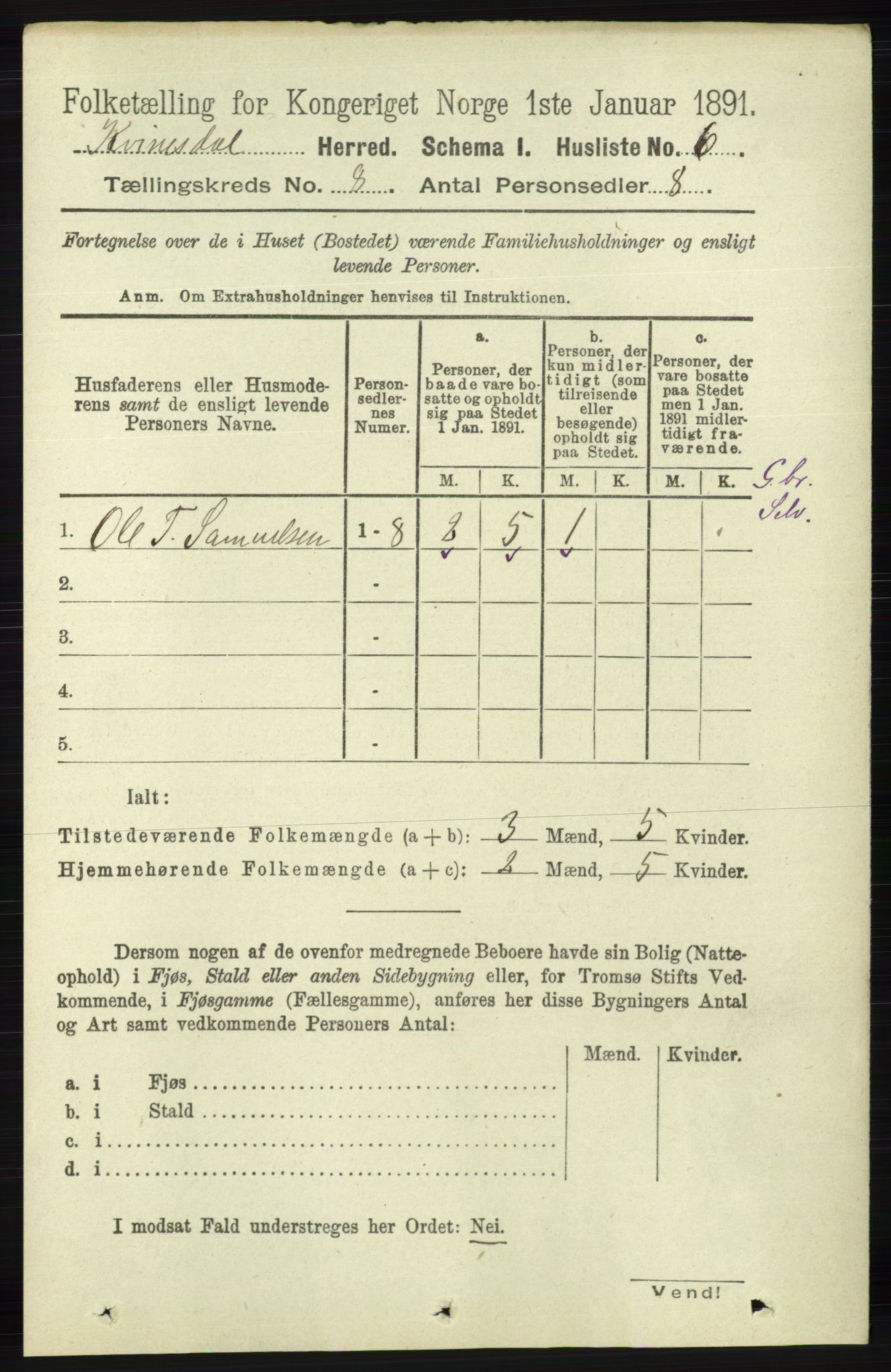 RA, 1891 census for 1037 Kvinesdal, 1891, p. 2697