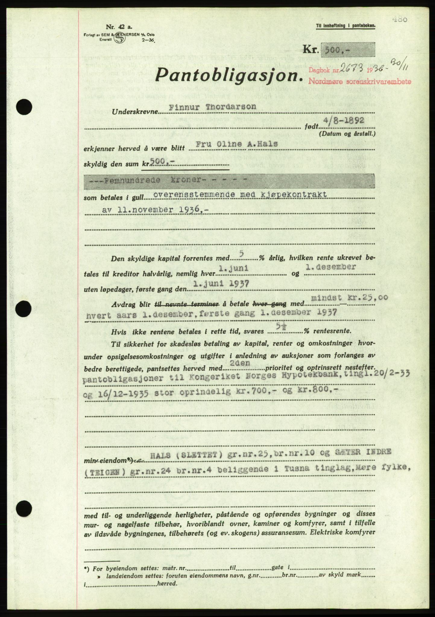 Nordmøre sorenskriveri, AV/SAT-A-4132/1/2/2Ca/L0090: Mortgage book no. B80, 1936-1937, Diary no: : 2673/1936