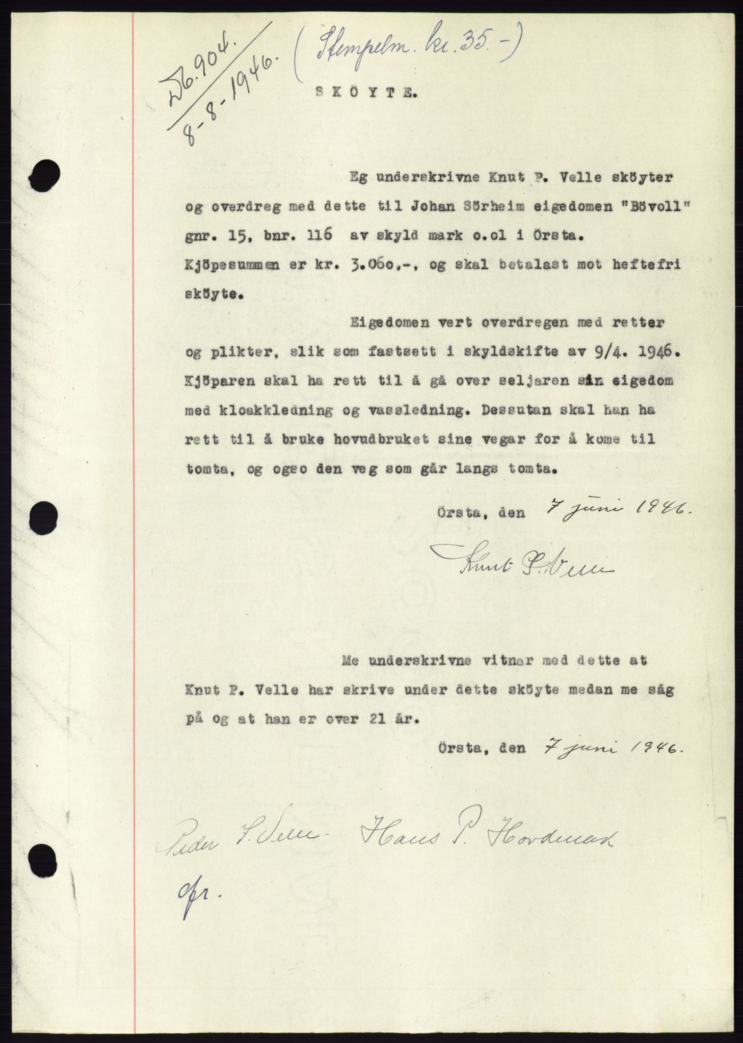 Søre Sunnmøre sorenskriveri, AV/SAT-A-4122/1/2/2C/L0078: Mortgage book no. 4A, 1946-1946, Diary no: : 904/1946