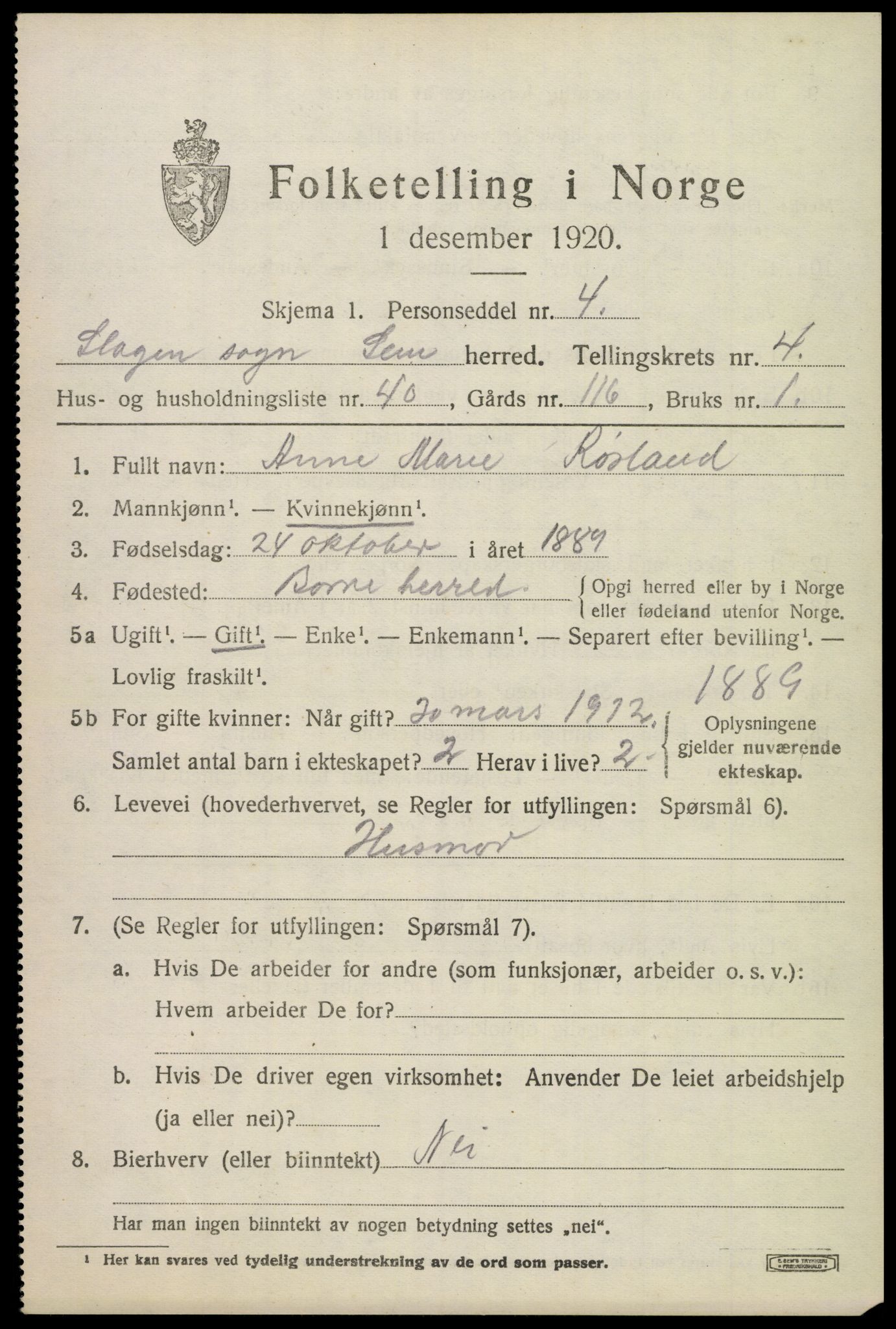 SAKO, 1920 census for Sem, 1920, p. 7505