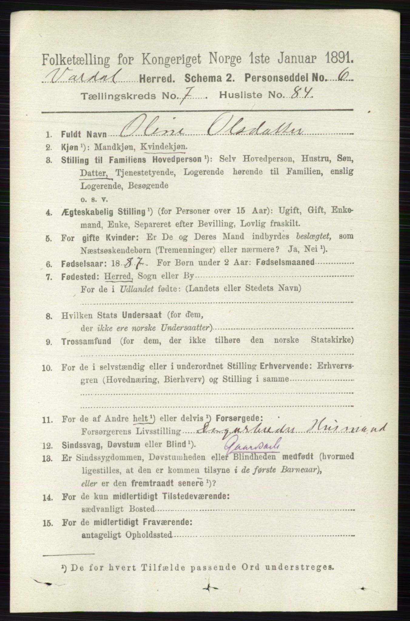 RA, 1891 census for 0527 Vardal, 1891, p. 3563