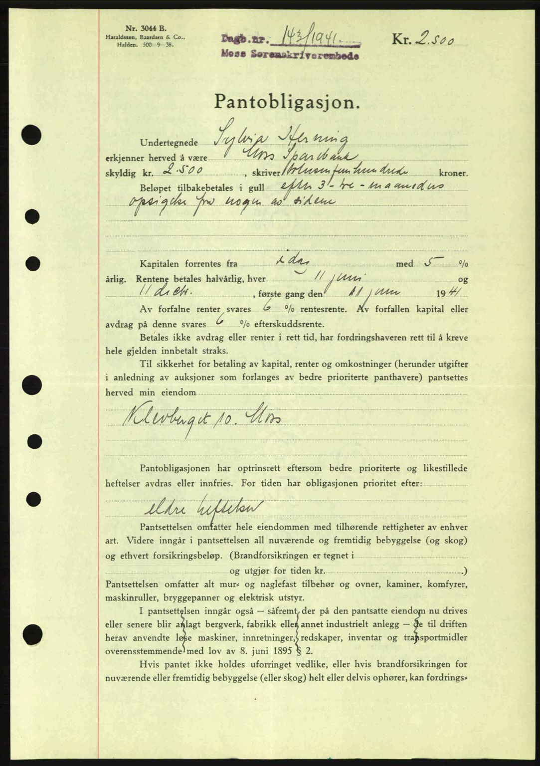 Moss sorenskriveri, SAO/A-10168: Mortgage book no. B10, 1940-1941, Diary no: : 143/1941