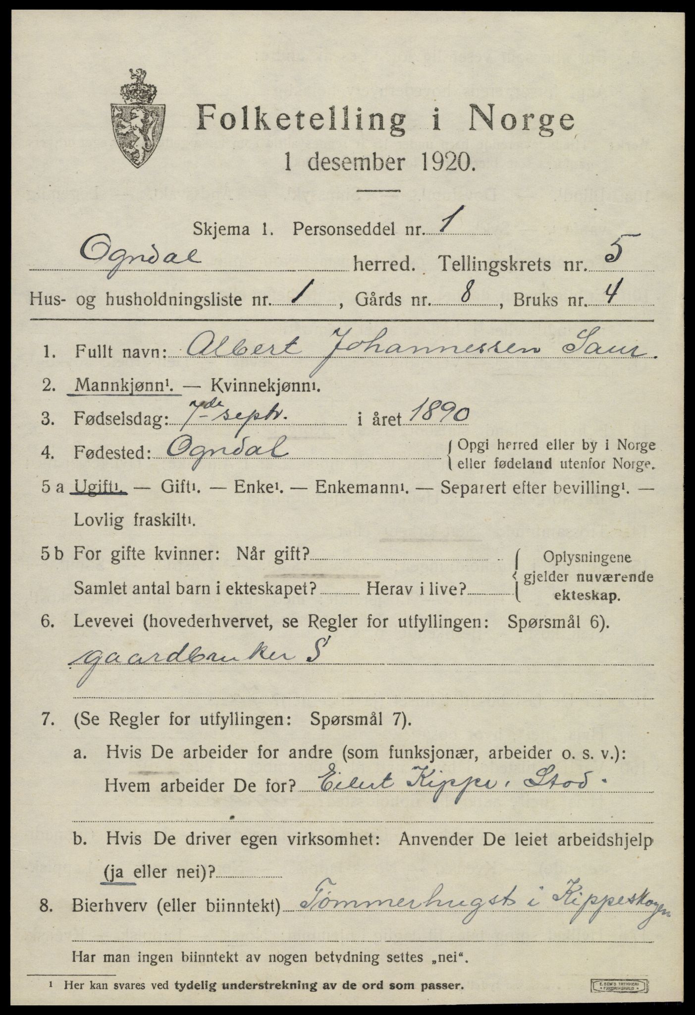 SAT, 1920 census for Ogndal, 1920, p. 1945