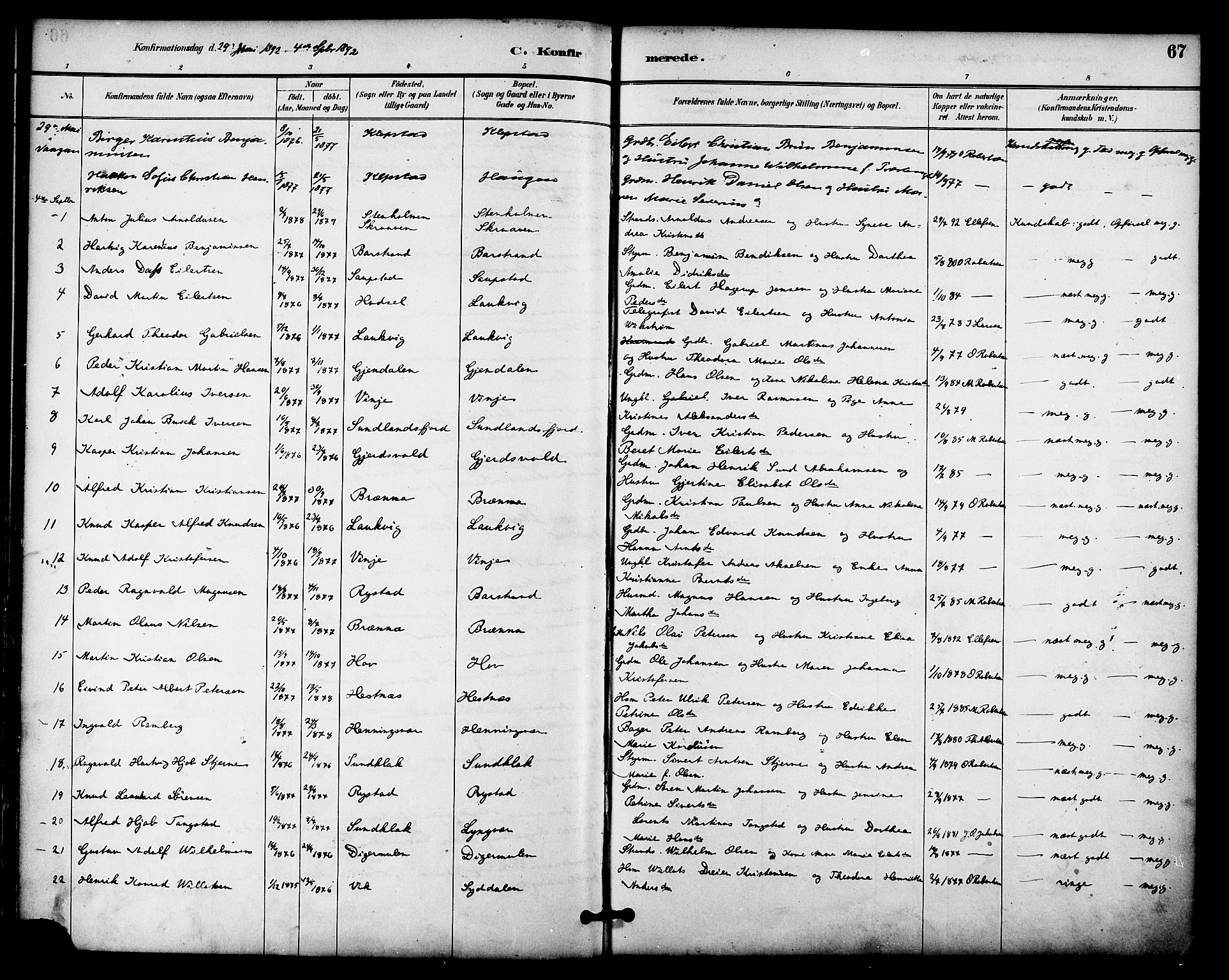 Ministerialprotokoller, klokkerbøker og fødselsregistre - Nordland, AV/SAT-A-1459/876/L1097: Parish register (official) no. 876A03, 1886-1896, p. 67
