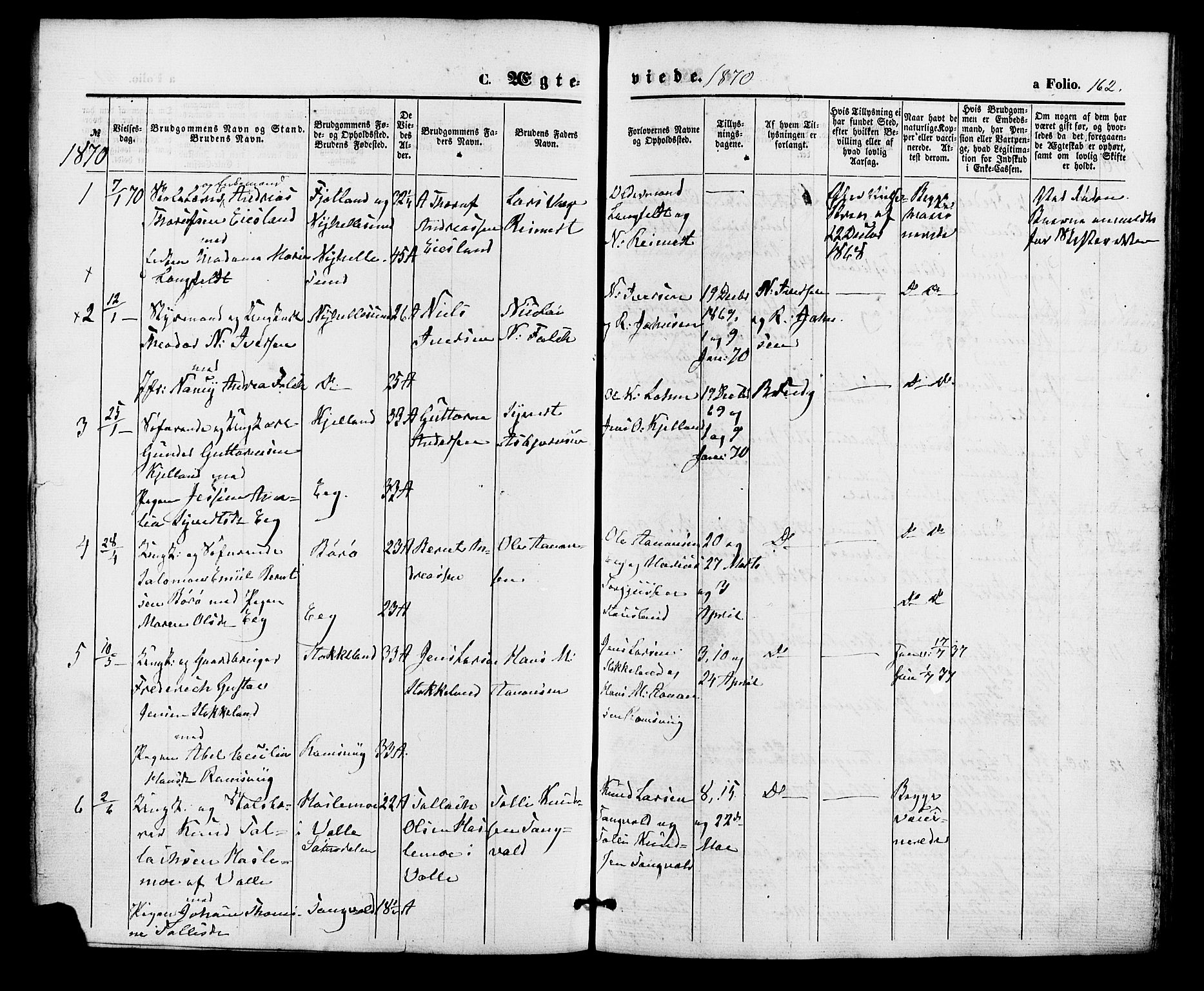 Søgne sokneprestkontor, SAK/1111-0037/F/Fa/Fab/L0011: Parish register (official) no. A 11, 1869-1879, p. 162